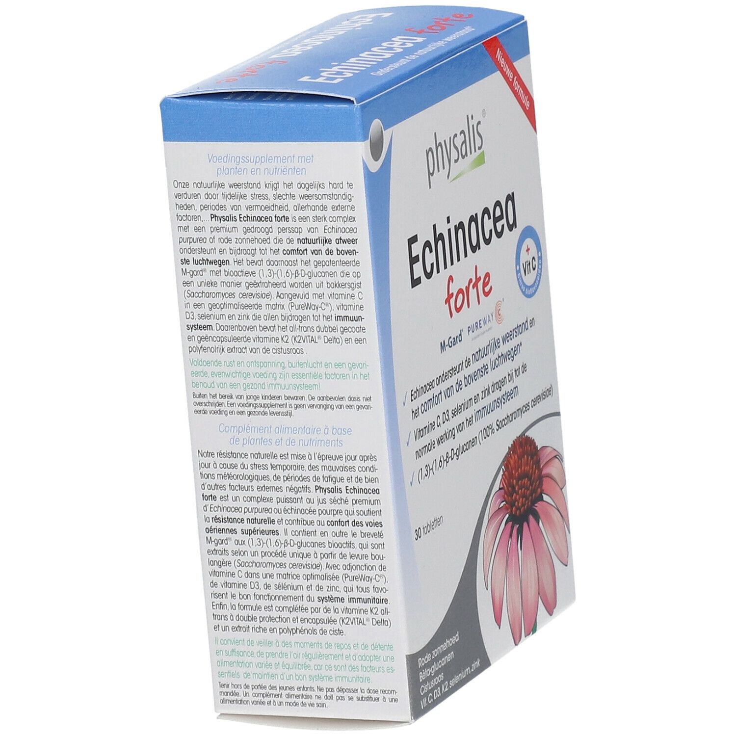 Doosje met tabletten. Opschrift: Echinacea forte, 30 tabletten. Met vitamine C. Afbeelding van een bloem.