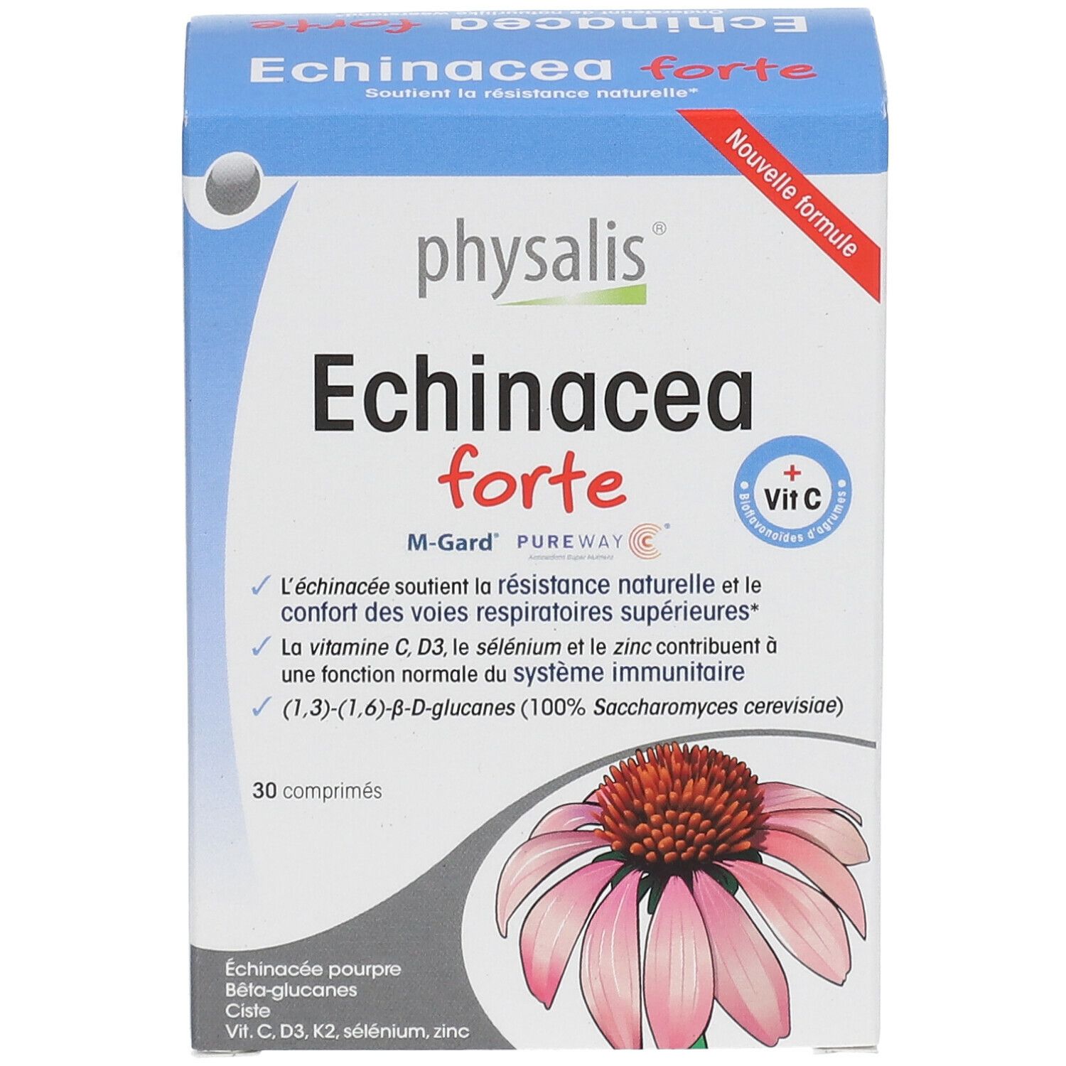Doosje met tabletten. Opschrift: Echinacea forte, 30 tabletten. Met vitamine C. Afbeelding van een bloem.