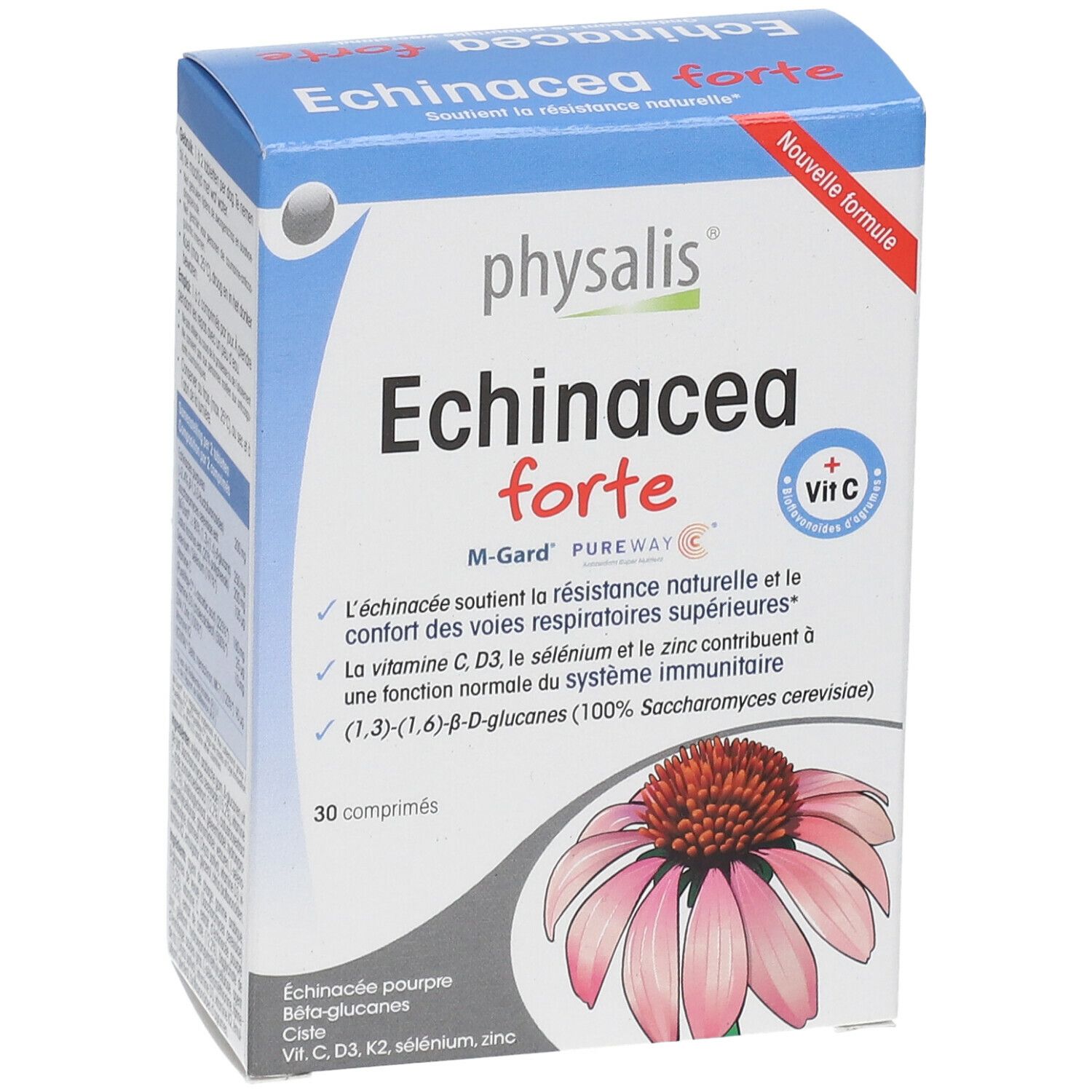 Doosje met tabletten. Opschrift: Echinacea forte, 30 tabletten. Met vitamine C. Afbeelding van een bloem.
