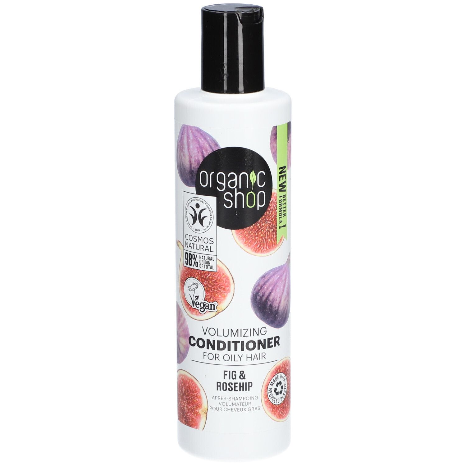 Witte fles met zwarte dop. Afbeeldingen van vijgen en rozenbottels. Tekst: Volumizing Conditioner for oily hair.