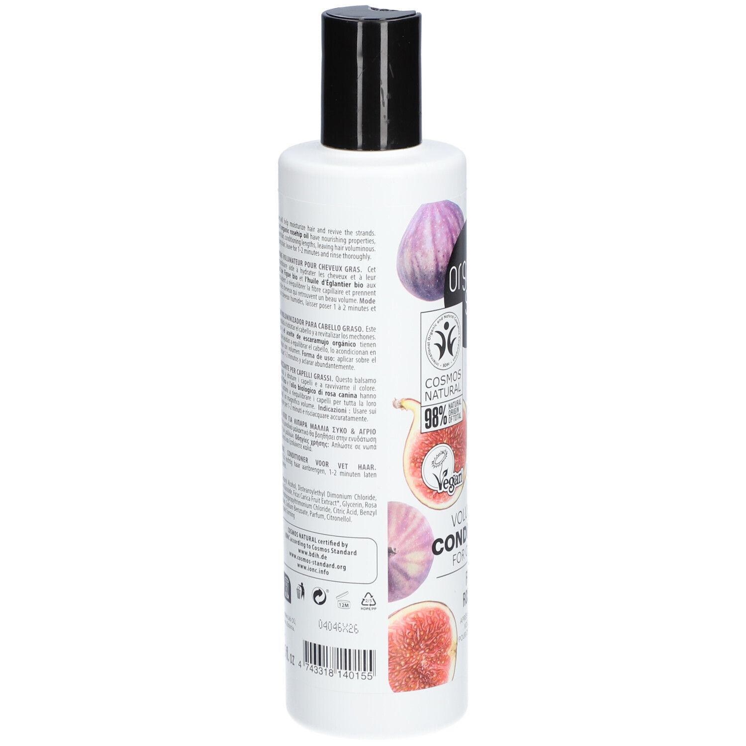 Achterkant van een witte fles met zwarte dop. Tekst en logo's. Afbeeldingen van vijgen en rozenbottels.