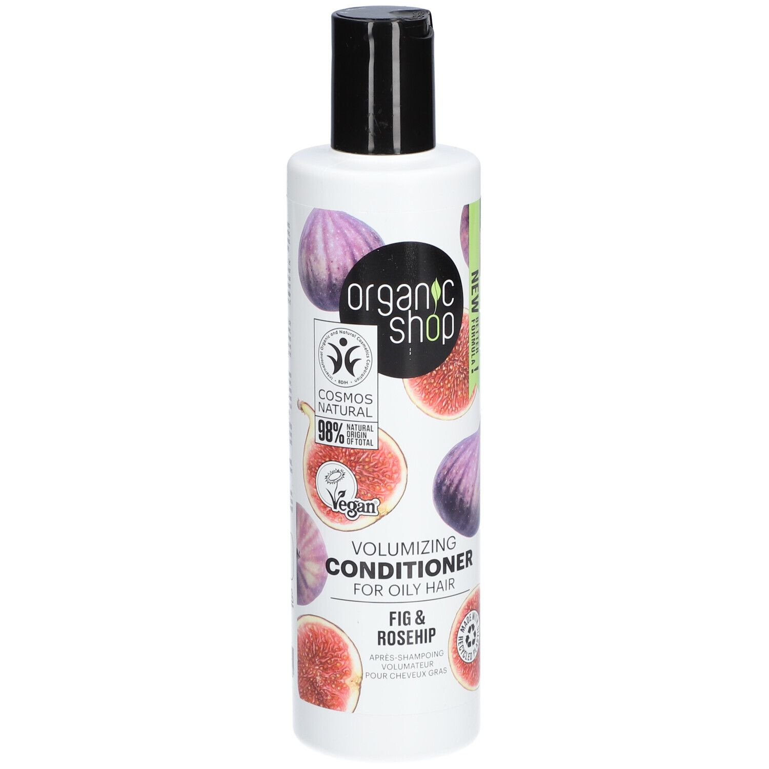 Witte fles met zwarte dop. Afbeeldingen van vijgen en rozenbottels. Tekst: Volumizing Conditioner for oily hair.