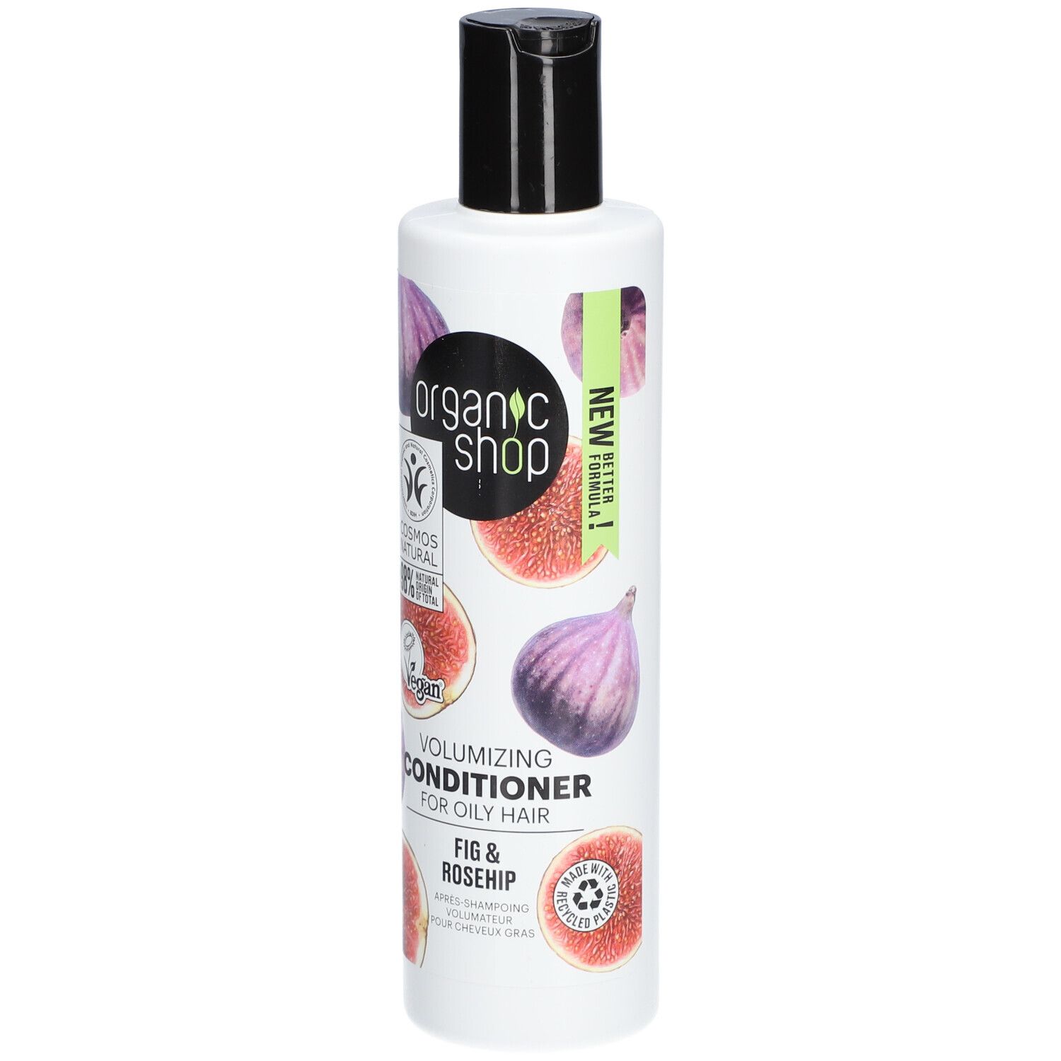 Witte fles met zwarte dop. Afbeeldingen van vijgen en rozenbottels. Tekst: Volumizing Conditioner for oily hair.