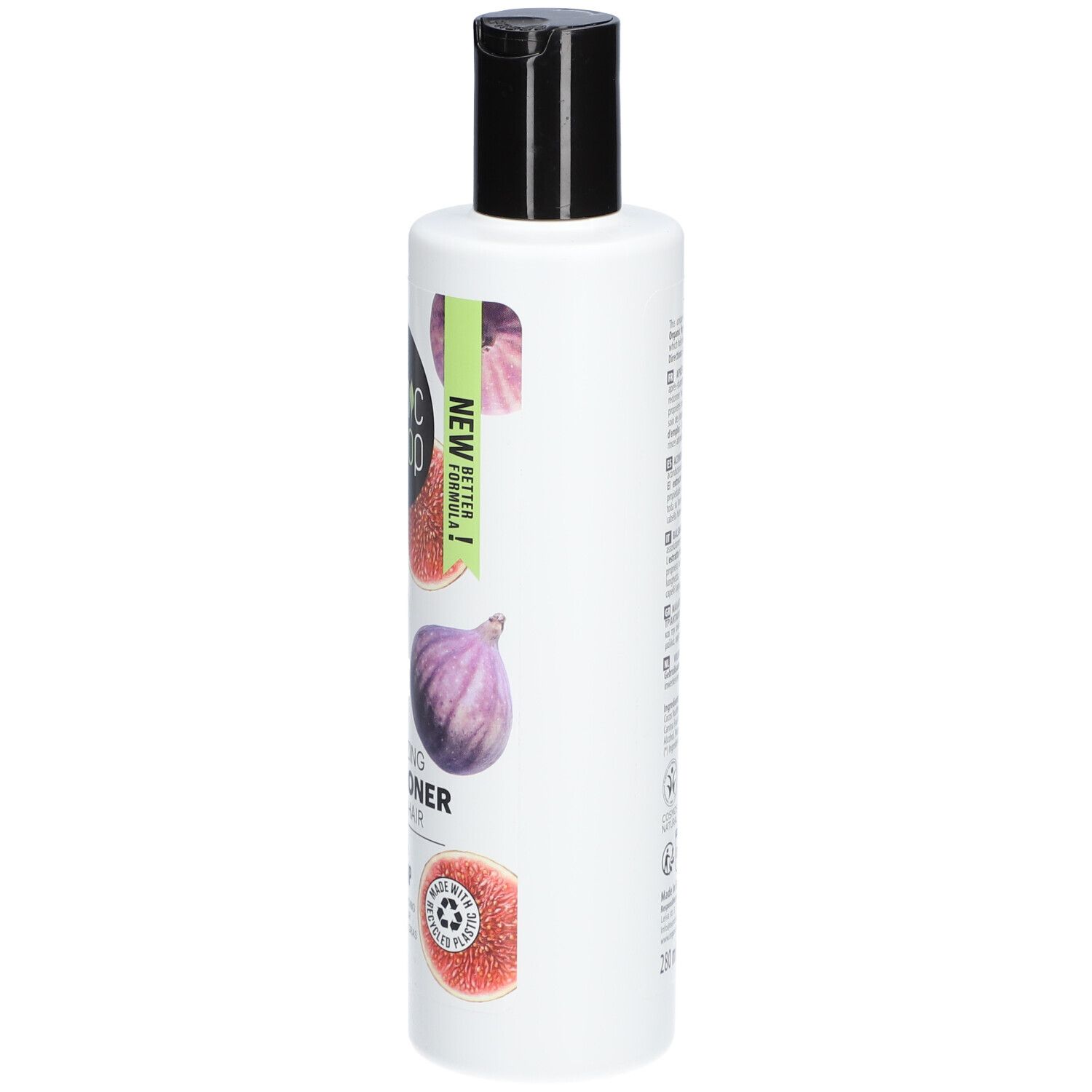 Witte fles met zwarte dop. Afbeeldingen van vijgen en rozenbottels. Tekst: Volumizing Conditioner for oily hair.