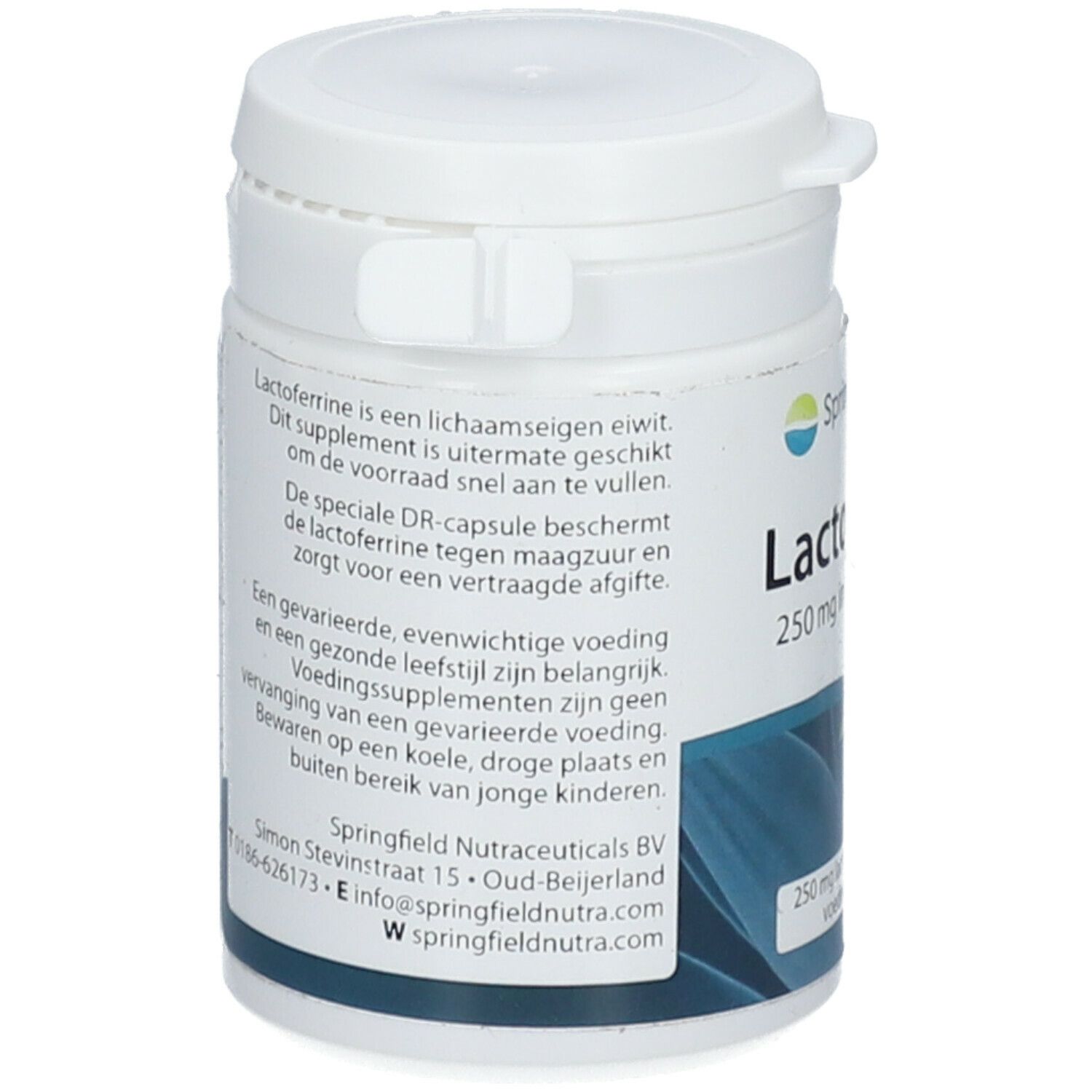 Rückseite einer weißen Dose. Text: Lactoferrine ist een lichaamseigen eiwit. Springfield Nutraceuticals BV.