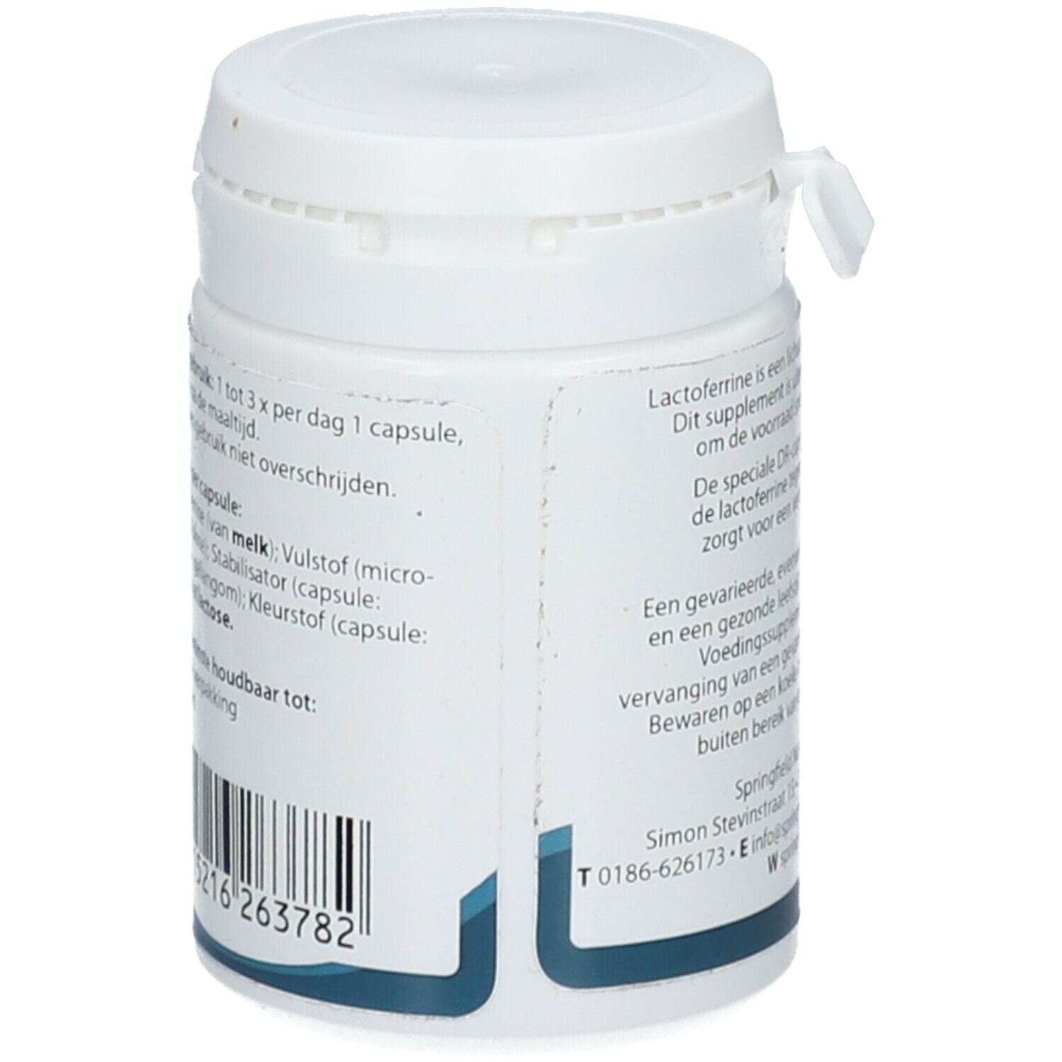 Rückseite einer weißen Dose. Text: 1 tot 3 x per dag 1 capsule. Barcode und Inhaltsstoffe.