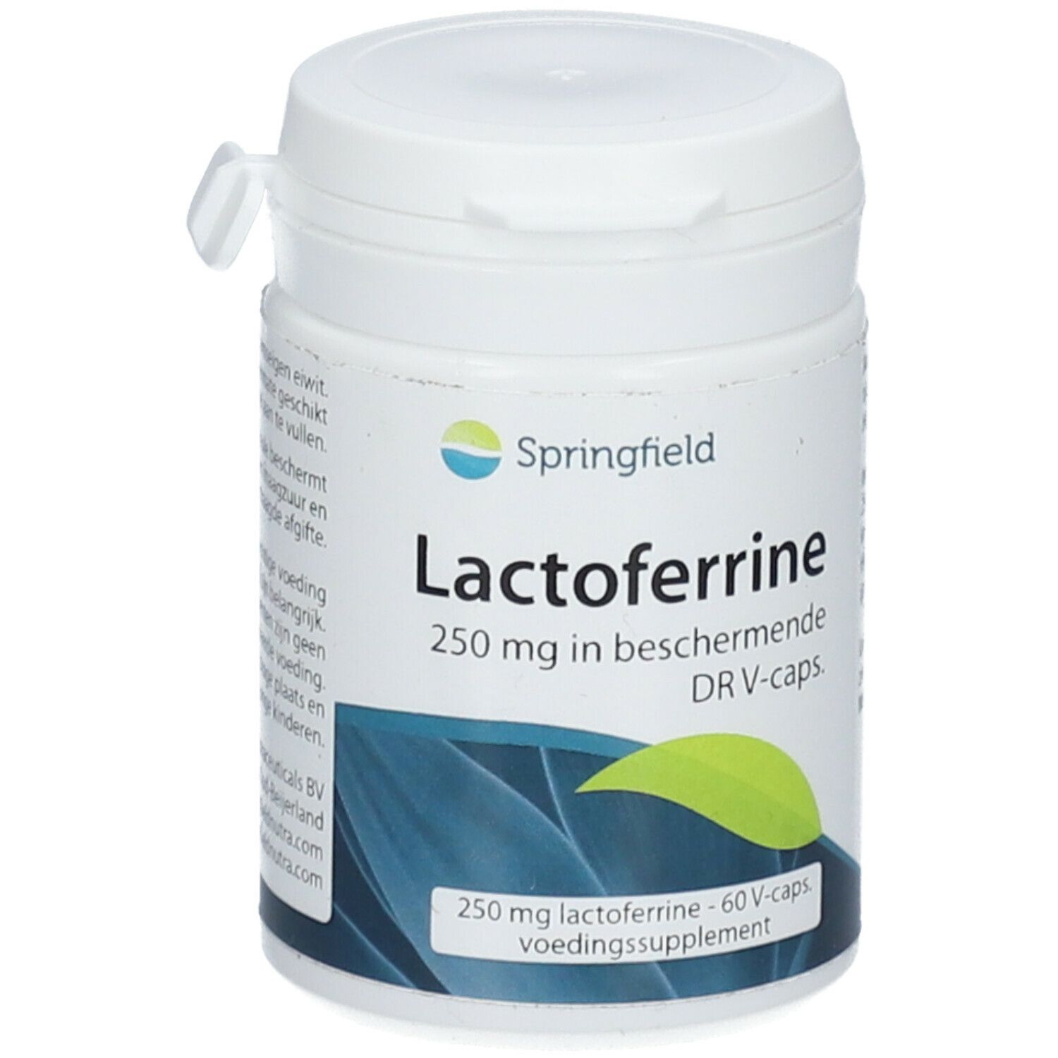 Weiße Dose mit Deckel. Aufschrift: Springfield, Lactoferrine, 250 mg in beschermende DR V-caps. 60 V-caps.