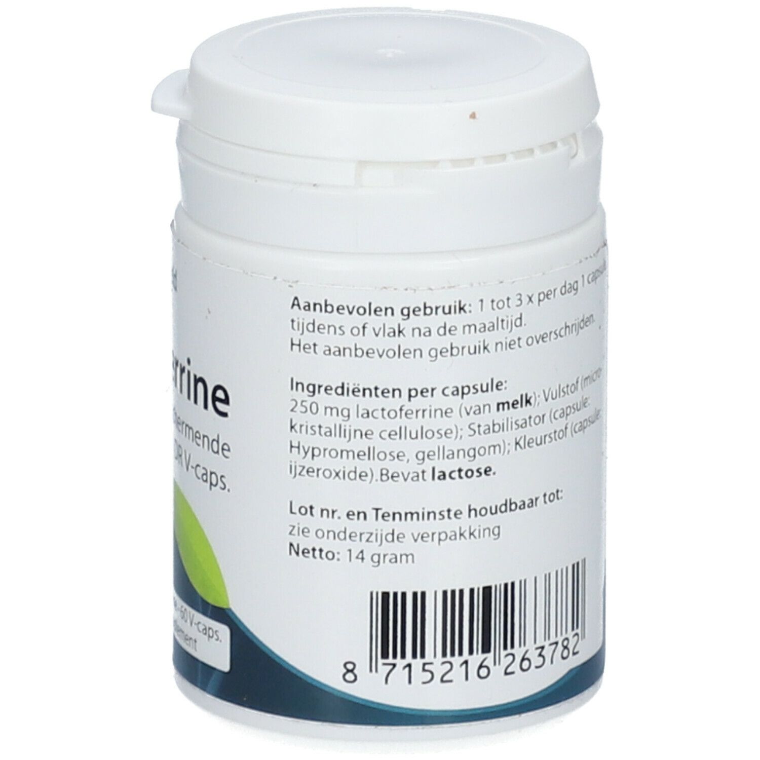 Rückseite einer weißen Dose. Text: 1 tot 3 x per dag 1 capsule. Inhaltsstoffe. Mindestens haltbar bis.
