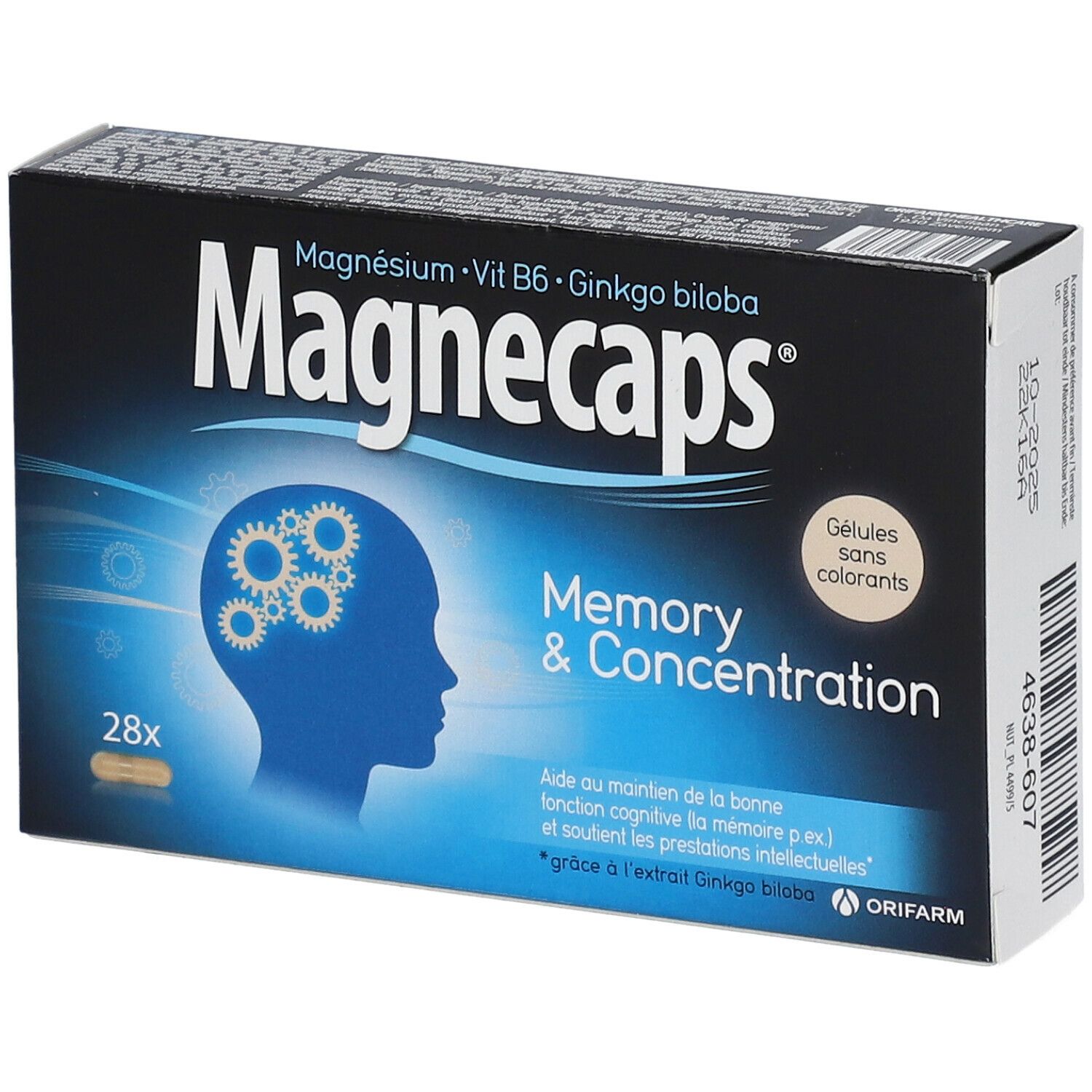 Boîte de Magnecaps Memory & Concentration. Contient 28 gélules. Contient magnésium, vitamine B6 et Ginkgo biloba.