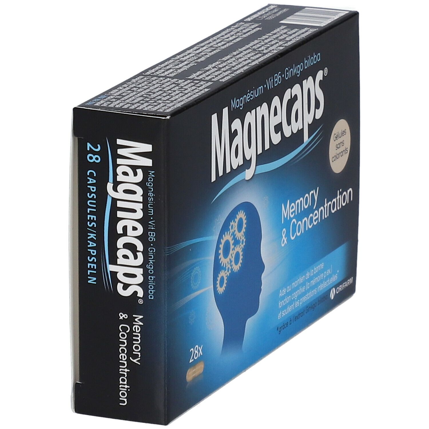 Boîte de Magnecaps Memory & Concentration. Contient 28 gélules. Contient magnésium, vitamine B6 et Ginkgo biloba.