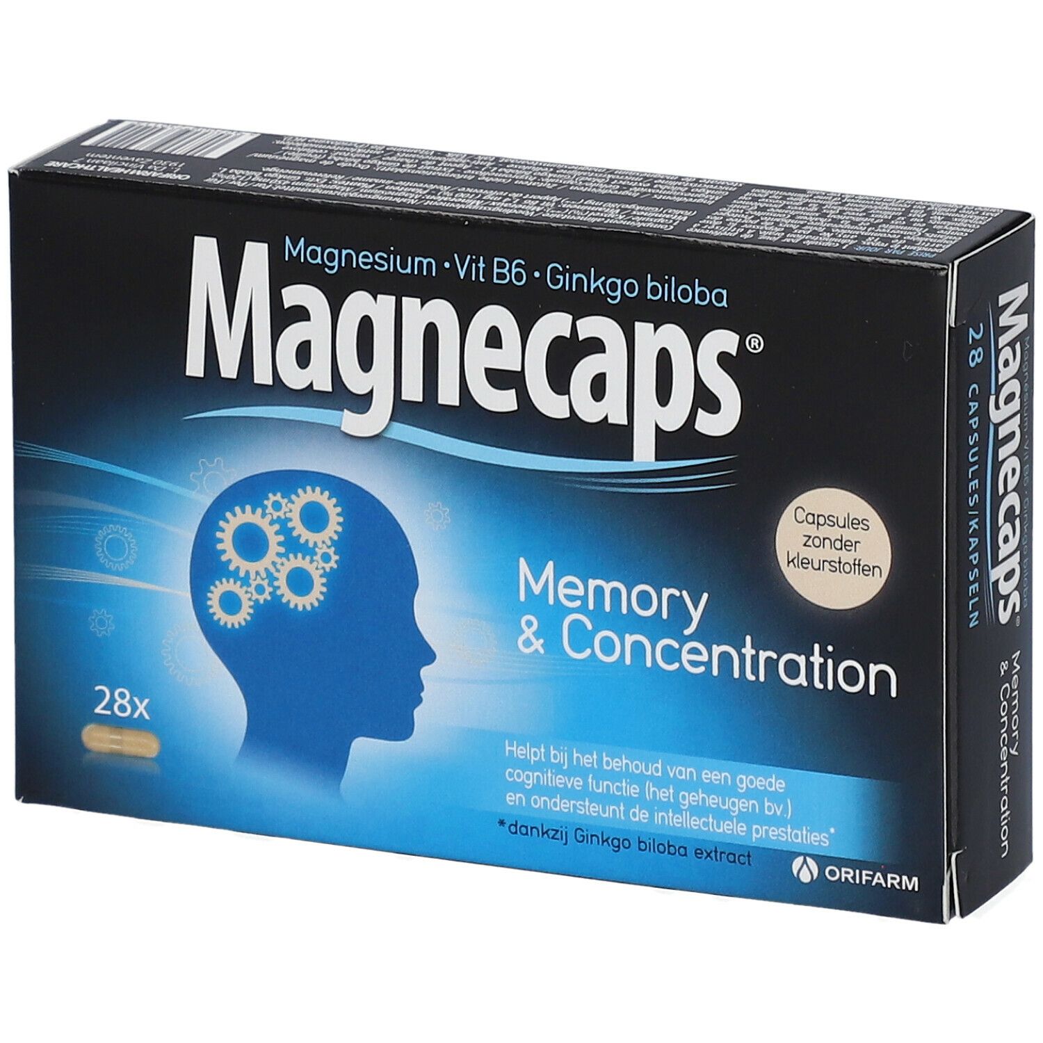 Boîte de Magnecaps Memory & Concentration. Contient 28 gélules. Contient magnésium, vitamine B6 et Ginkgo biloba.