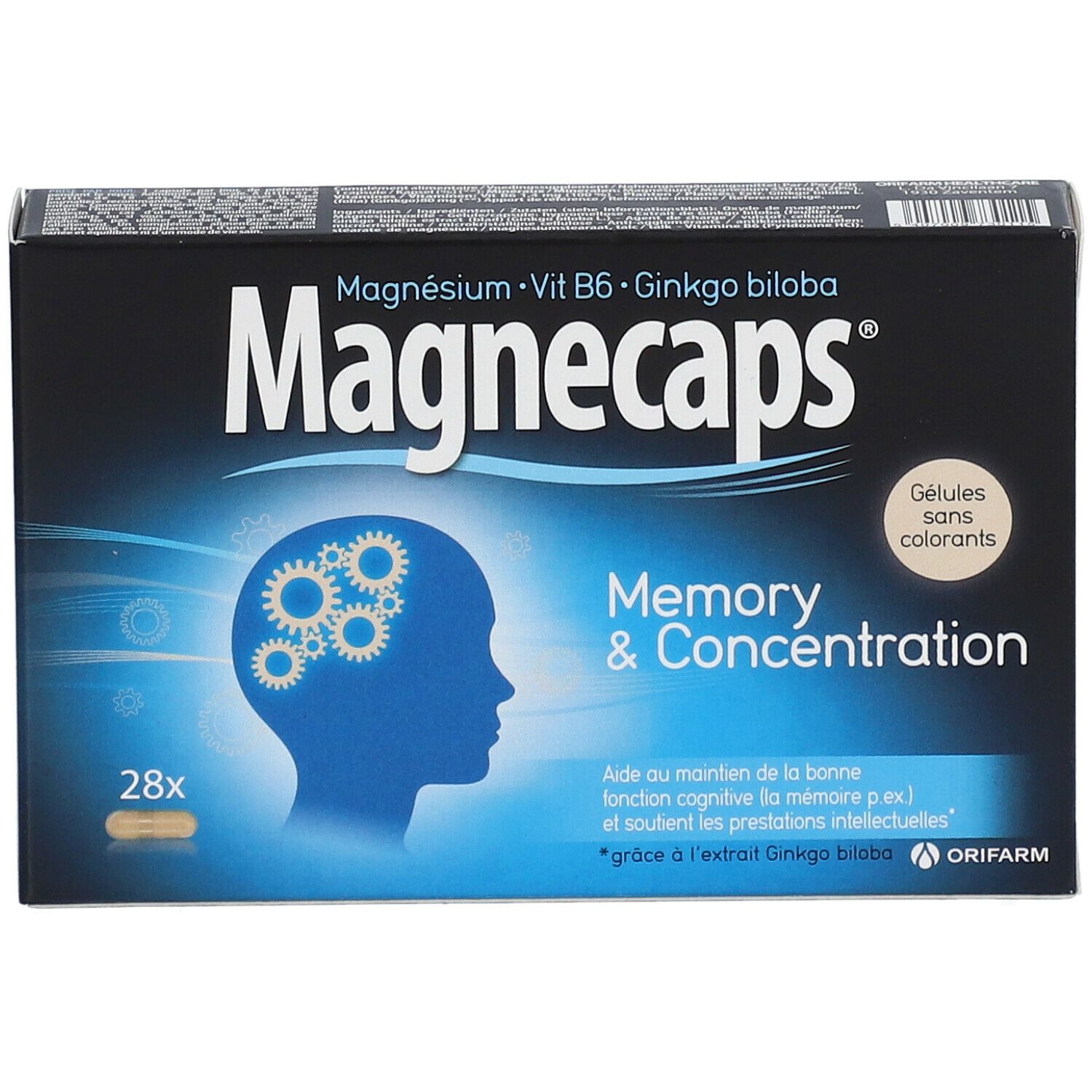 Boîte de Magnecaps Memory & Concentration. Contient 28 gélules. Contient magnésium, vitamine B6 et Ginkgo biloba.