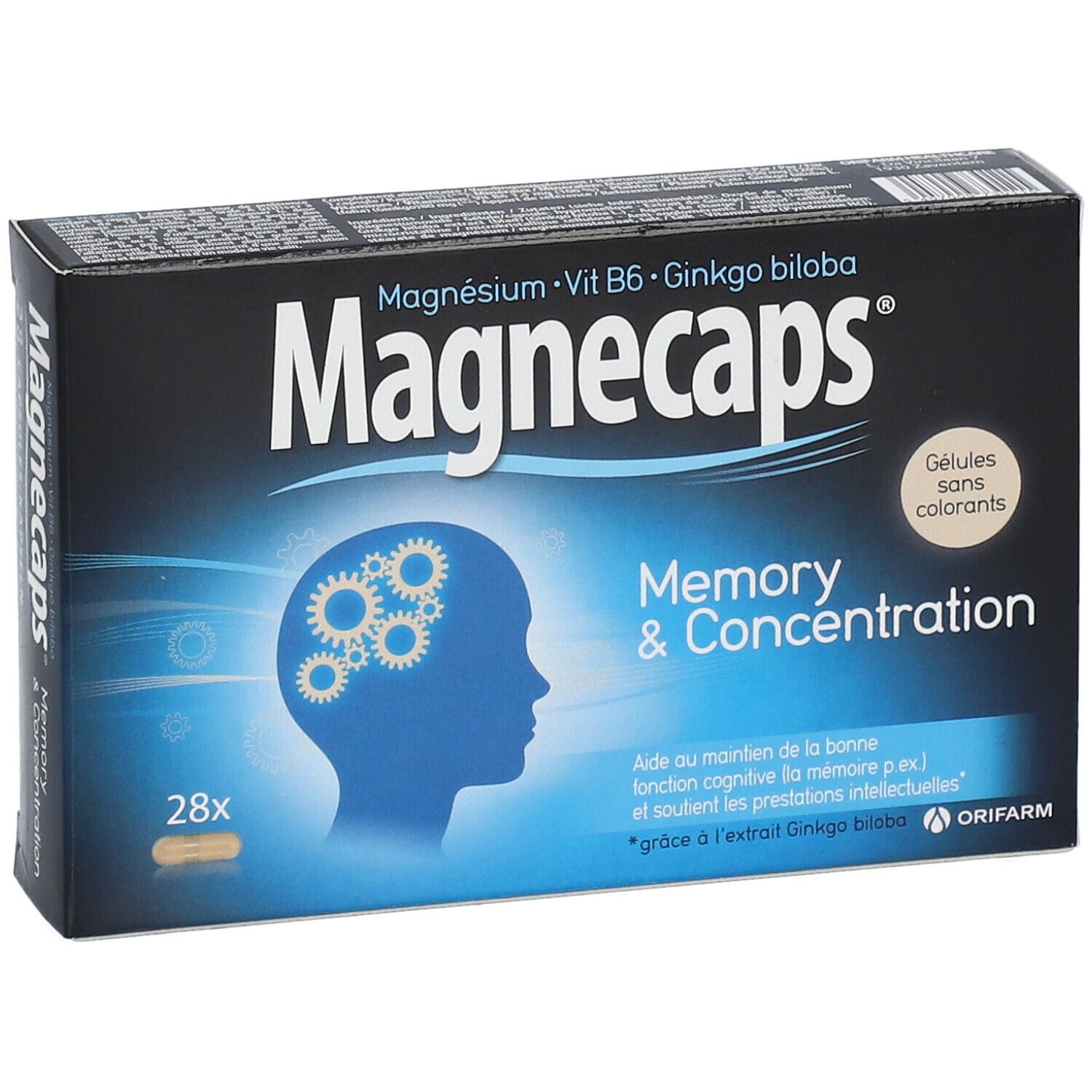 Boîte de Magnecaps Memory & Concentration. Contient 28 gélules. Contient magnésium, vitamine B6 et Ginkgo biloba.