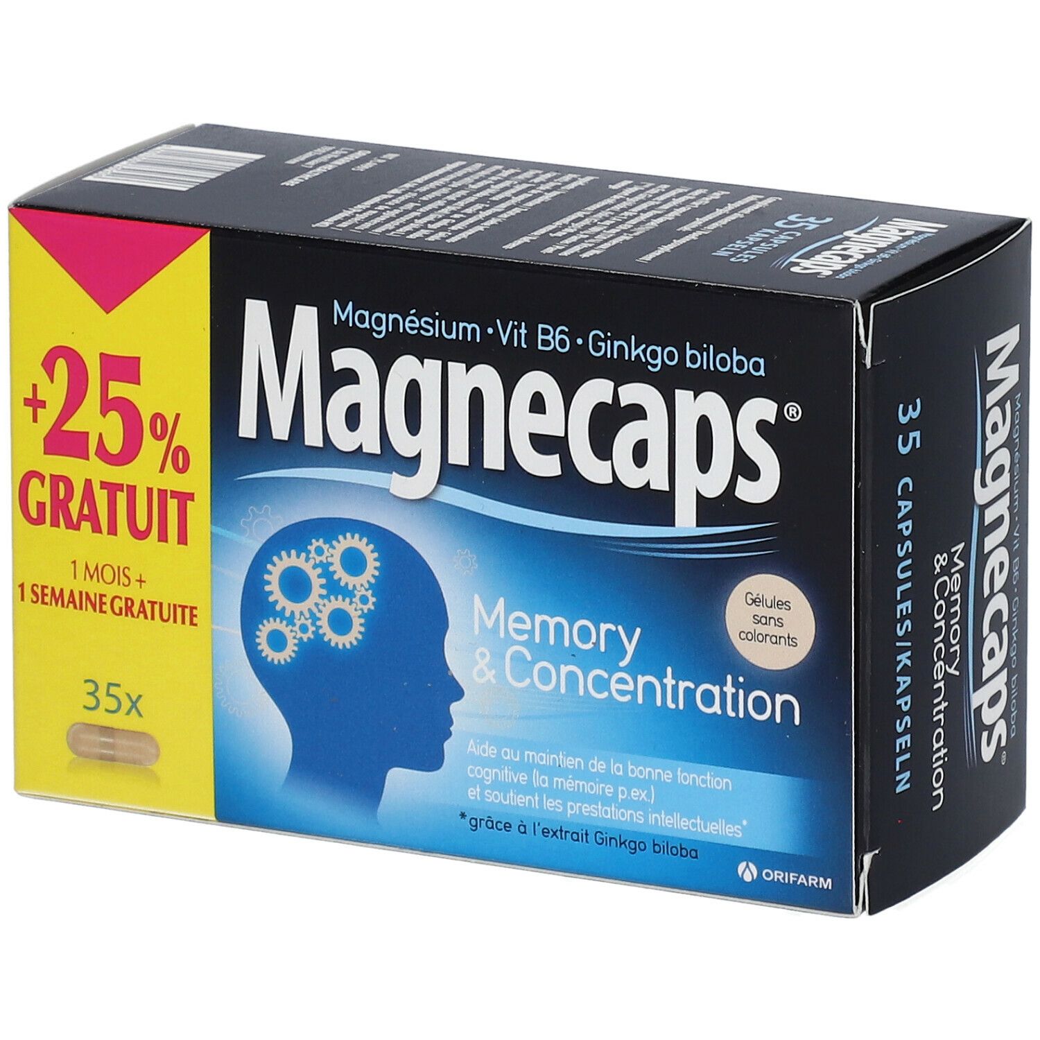 Doosje Magnecaps Memory & Concentration. Bevat 35 capsules. Opschrift: +25% GRATUIT. Bevat magnesium, vitamine B6 en Ginkgo biloba.