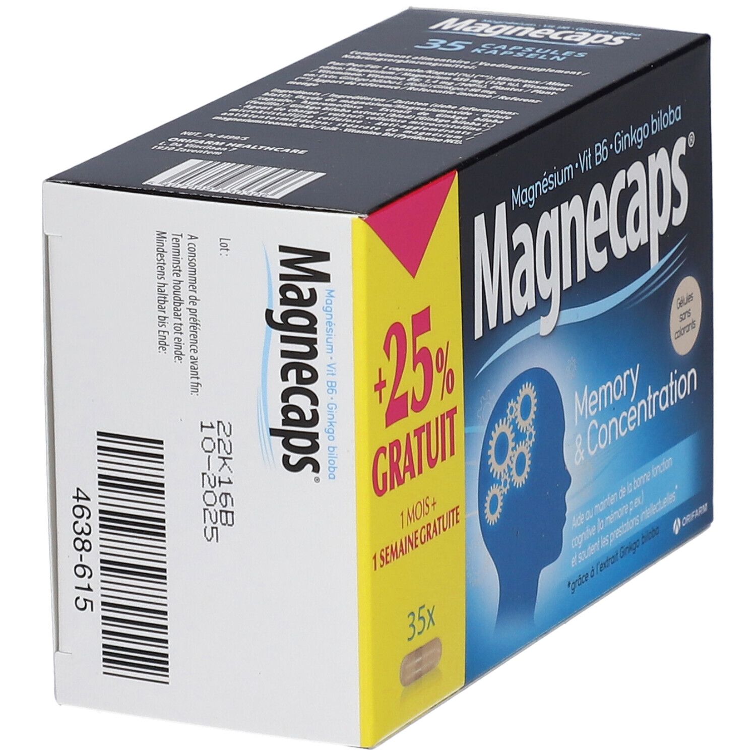 Doosje Magnecaps Memory & Concentration. Bevat 35 capsules. Opschrift: +25% GRATUIT. Bevat magnesium, vitamine B6 en Ginkgo biloba.
