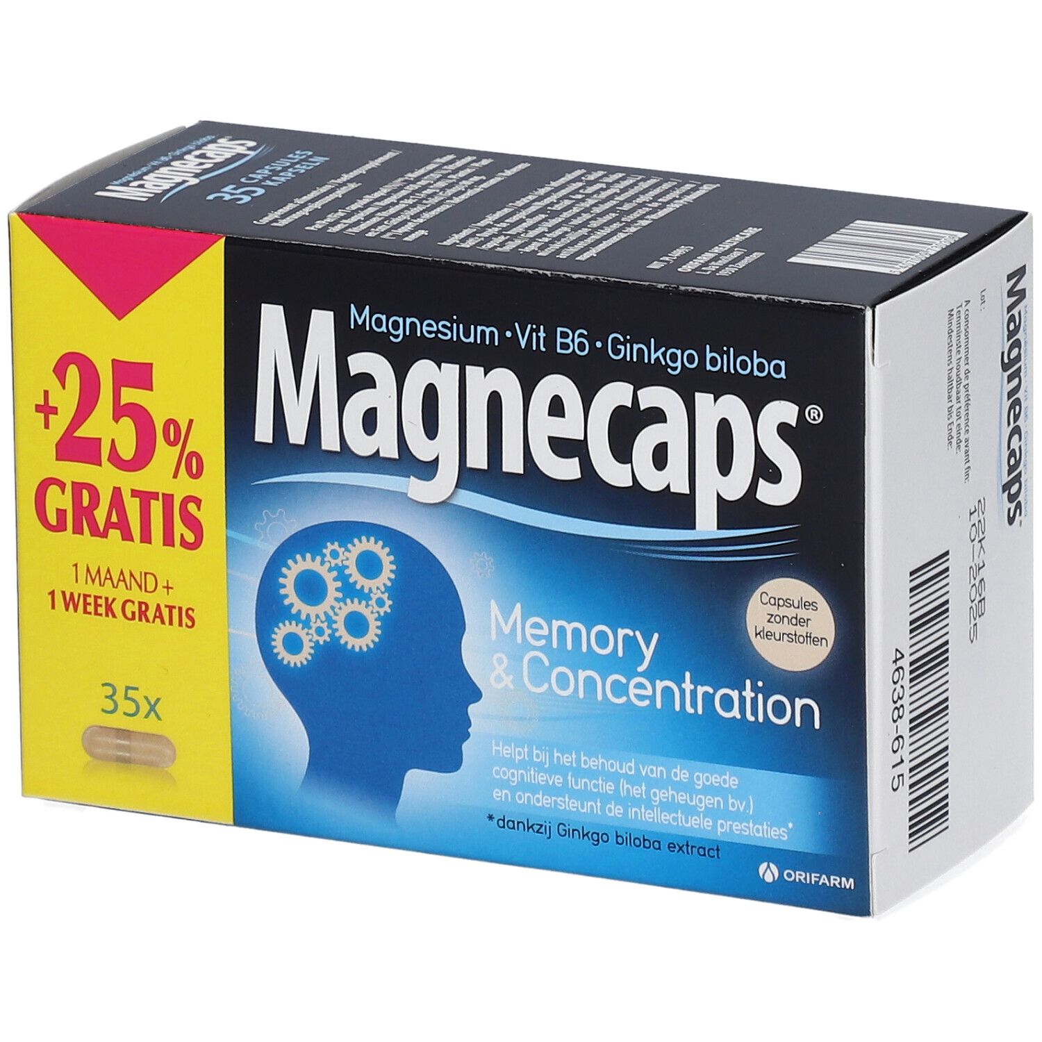 Doosje Magnecaps Memory & Concentration. Bevat 35 capsules. Opschrift: +25% GRATUIT. Bevat magnesium, vitamine B6 en Ginkgo biloba.