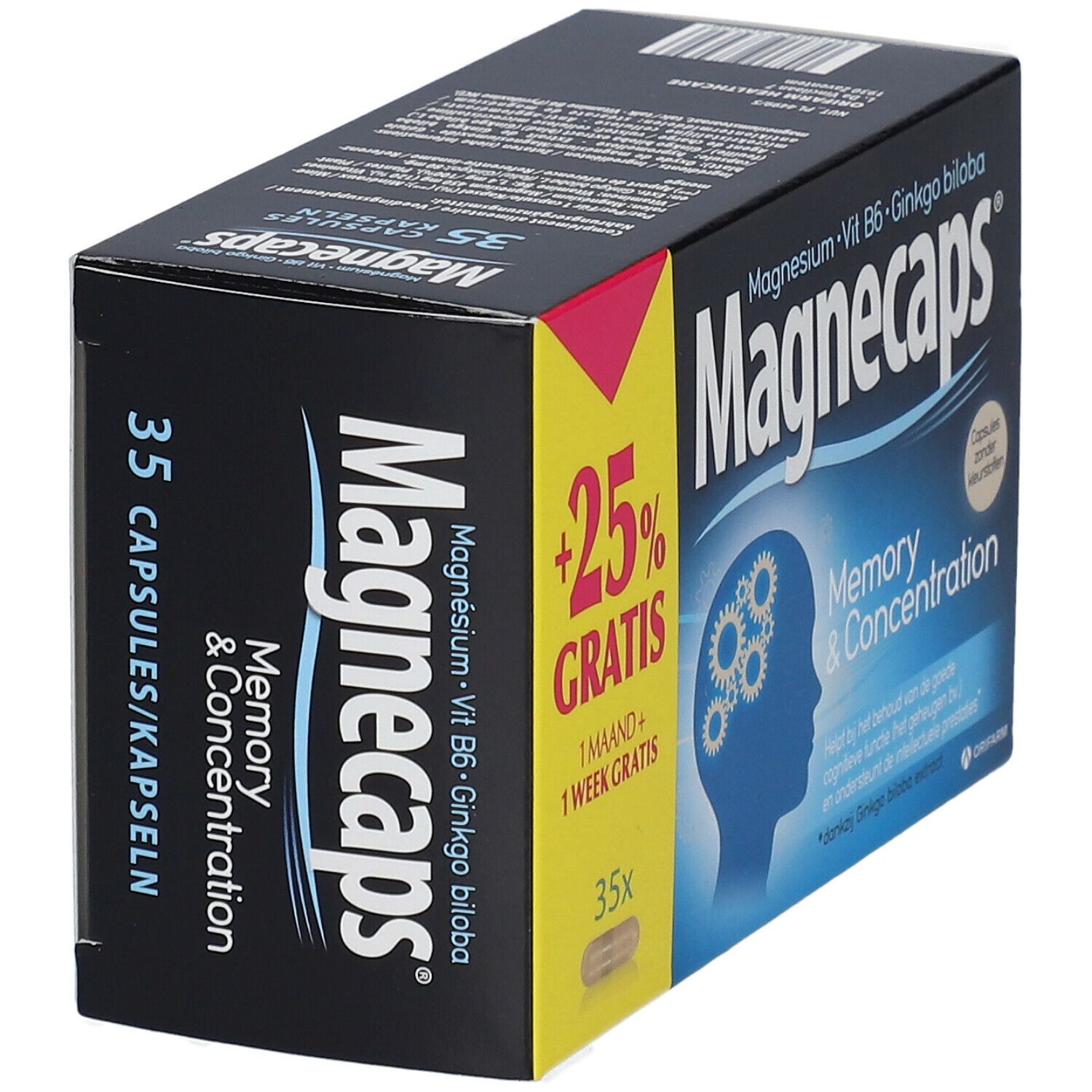 Doosje Magnecaps Memory & Concentration. Bevat 35 capsules. Opschrift: +25% GRATUIT. Bevat magnesium, vitamine B6 en Ginkgo biloba.