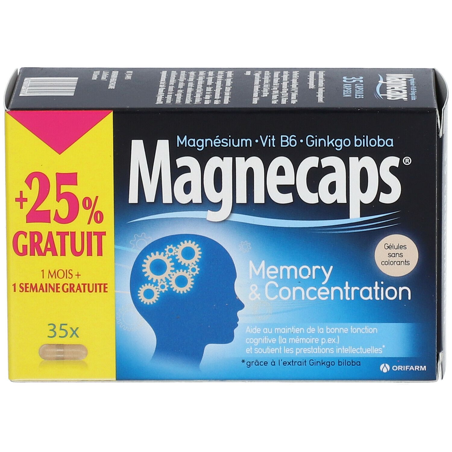 Doosje Magnecaps Memory & Concentration. Bevat 35 capsules. Opschrift: +25% GRATUIT. Bevat magnesium, vitamine B6 en Ginkgo biloba.
