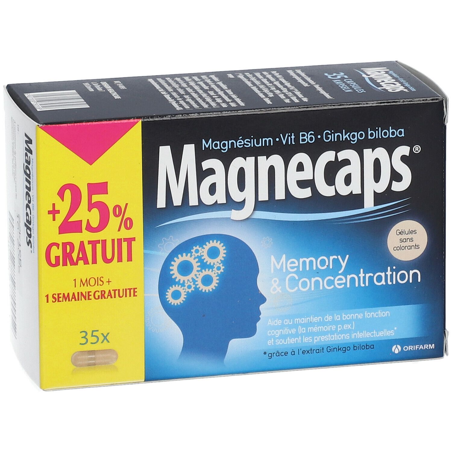 Doosje Magnecaps Memory & Concentration. Bevat 35 capsules. Opschrift: +25% GRATUIT. Bevat magnesium, vitamine B6 en Ginkgo biloba.