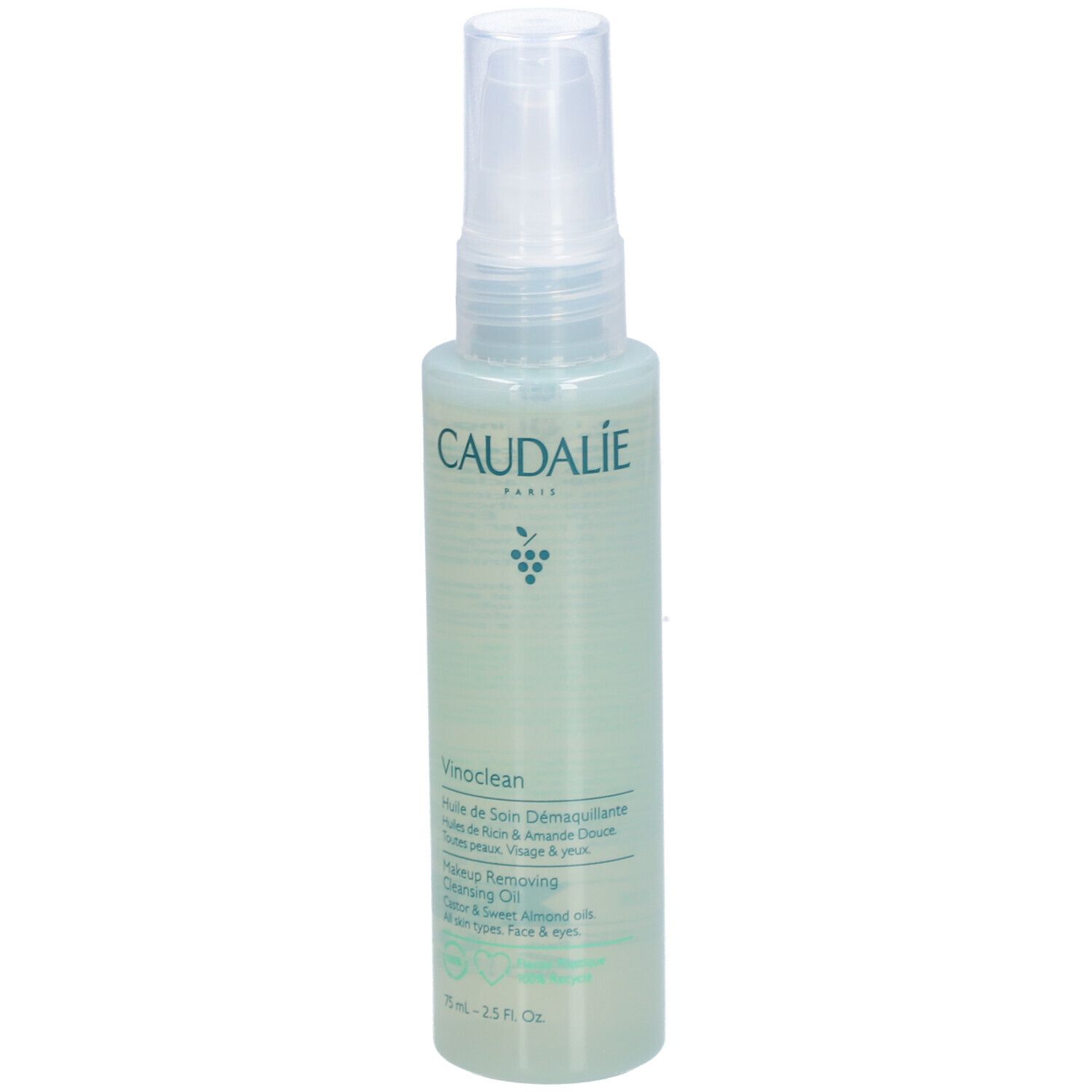 Flacon vert avec vaporisateur. Inscription CAUDALIE, Vinoclean, Makeup Removing Cleansing Oil. Contient huiles de raisin et amande.