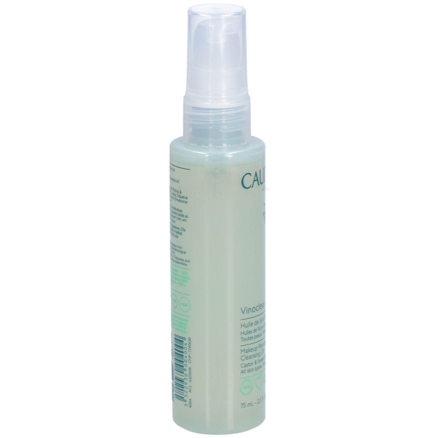 Flacon vert avec vaporisateur. Inscription CAUDALIE, Vinoclean, Makeup Removing Cleansing Oil. Dos avec texte et logos.
