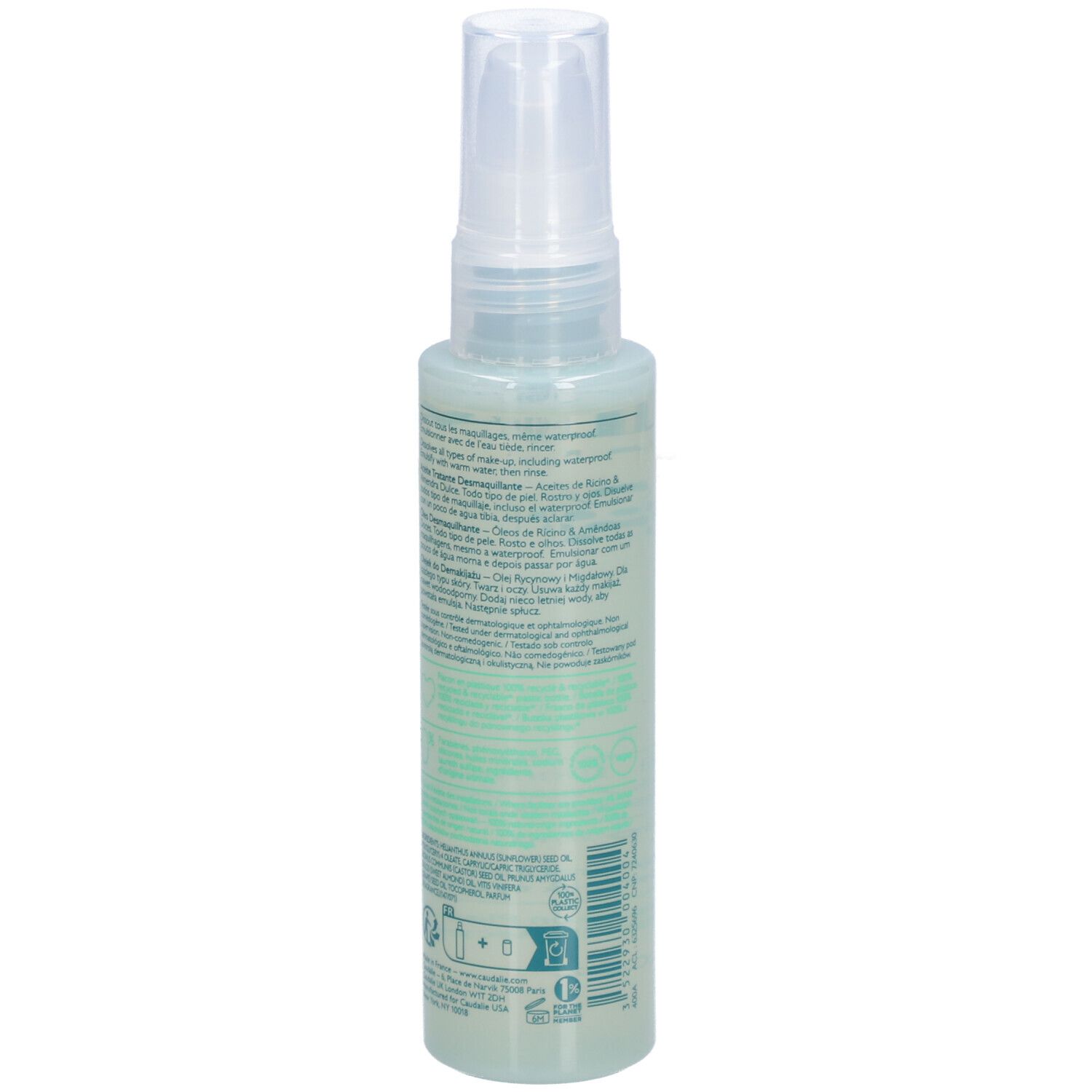 Flacon vert avec vaporisateur. Inscription CAUDALIE, Vinoclean, Makeup Removing Cleansing Oil. Dos avec texte et logos.