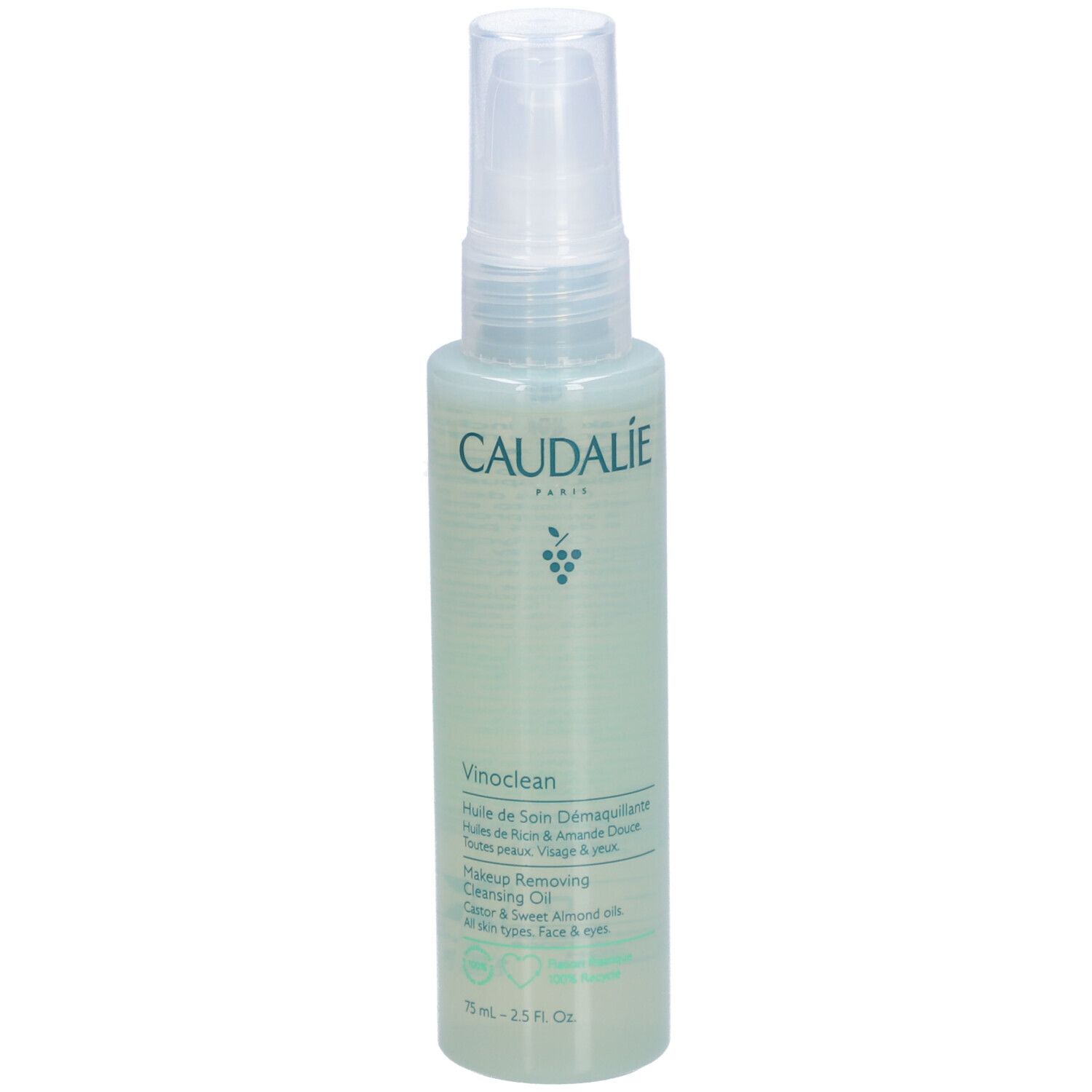 Flacon vert avec vaporisateur. Inscription CAUDALIE, Vinoclean, Makeup Removing Cleansing Oil. Contient huiles de raisin et amande.
