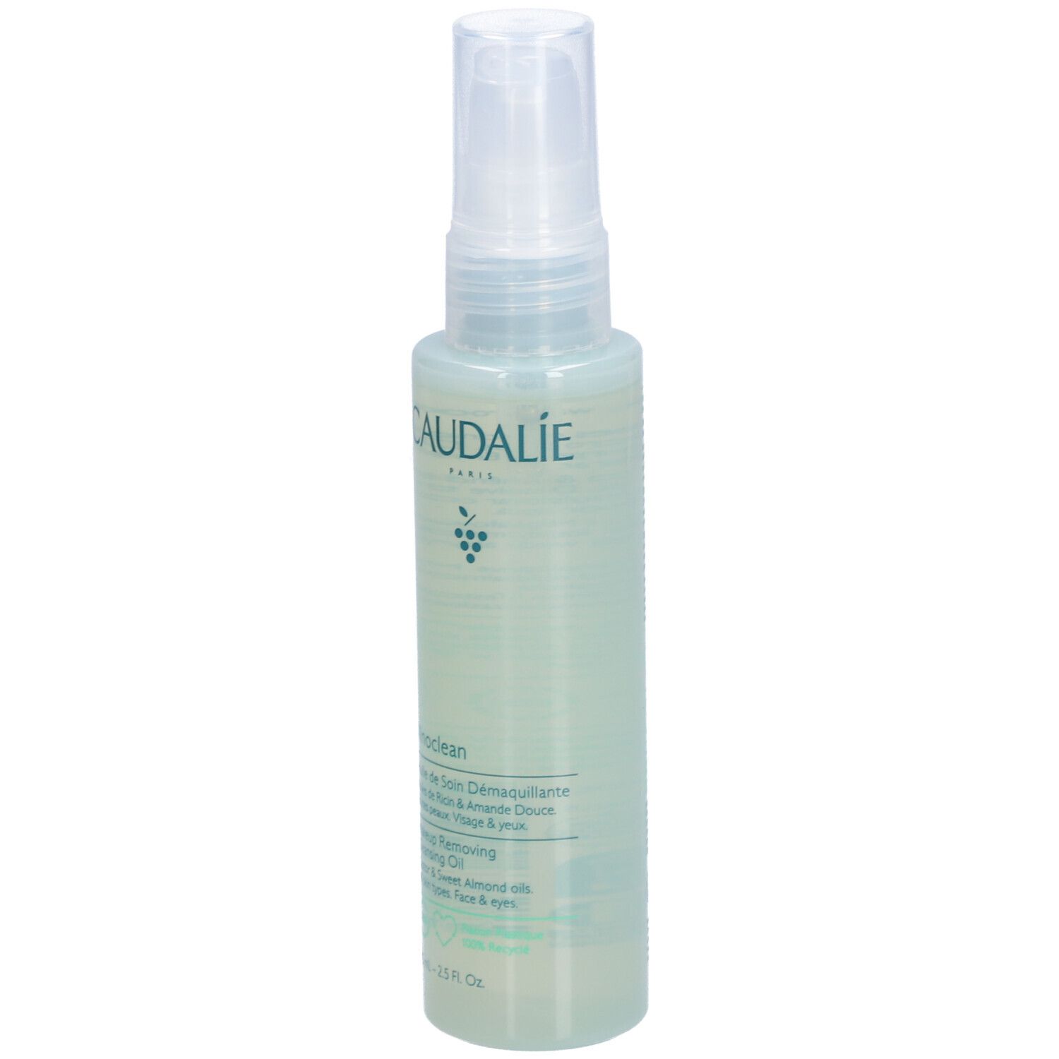 Flacon vert avec vaporisateur. Inscription CAUDALIE, Vinoclean, Makeup Removing Cleansing Oil. Contient huiles de raisin et amande.
