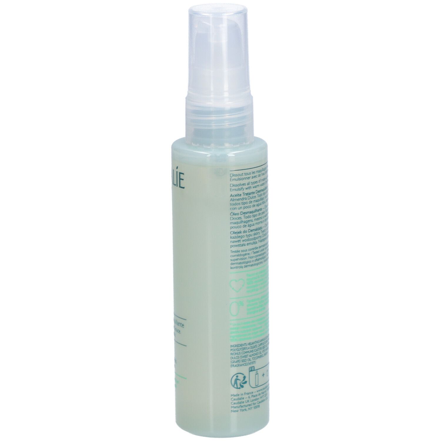 Flacon vert avec vaporisateur. Inscription CAUDALIE, Vinoclean, Makeup Removing Cleansing Oil. Dos avec texte et logos.
