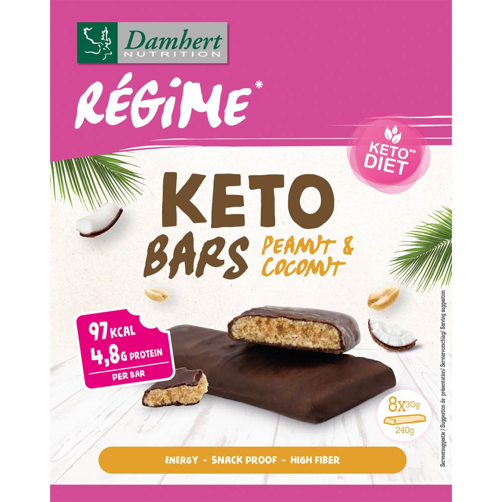 Rosa Verpackung mit Keto Bars Erdnuss & Kokosnuss. Marke Damhert Nutrition. Produktbeispiel, Nährwertangaben und Keto-Diät-Logo.
