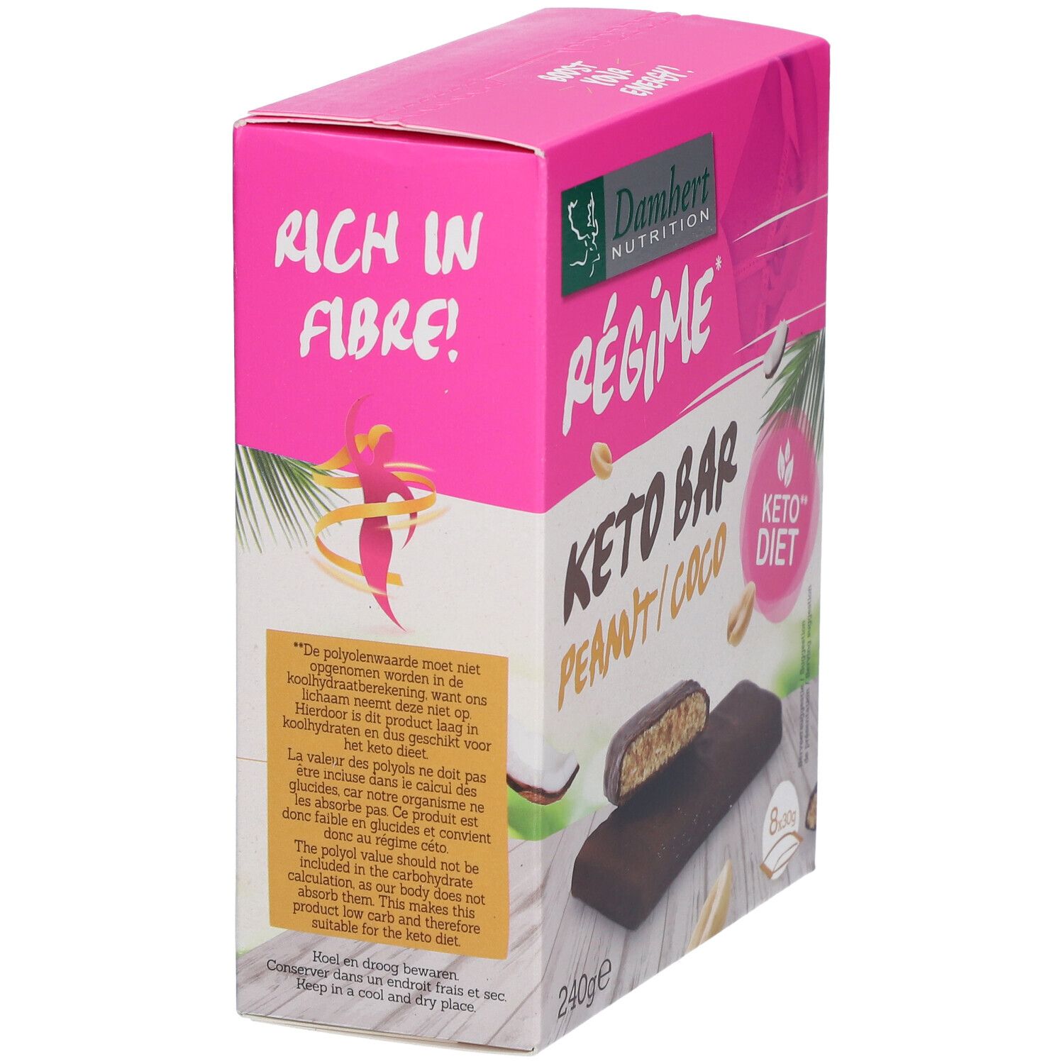 Rosa Verpackung mit Text 'Rich in Fibre!' und Keto Bar. Marke Damhert Nutrition. Text und Nährwertangaben.