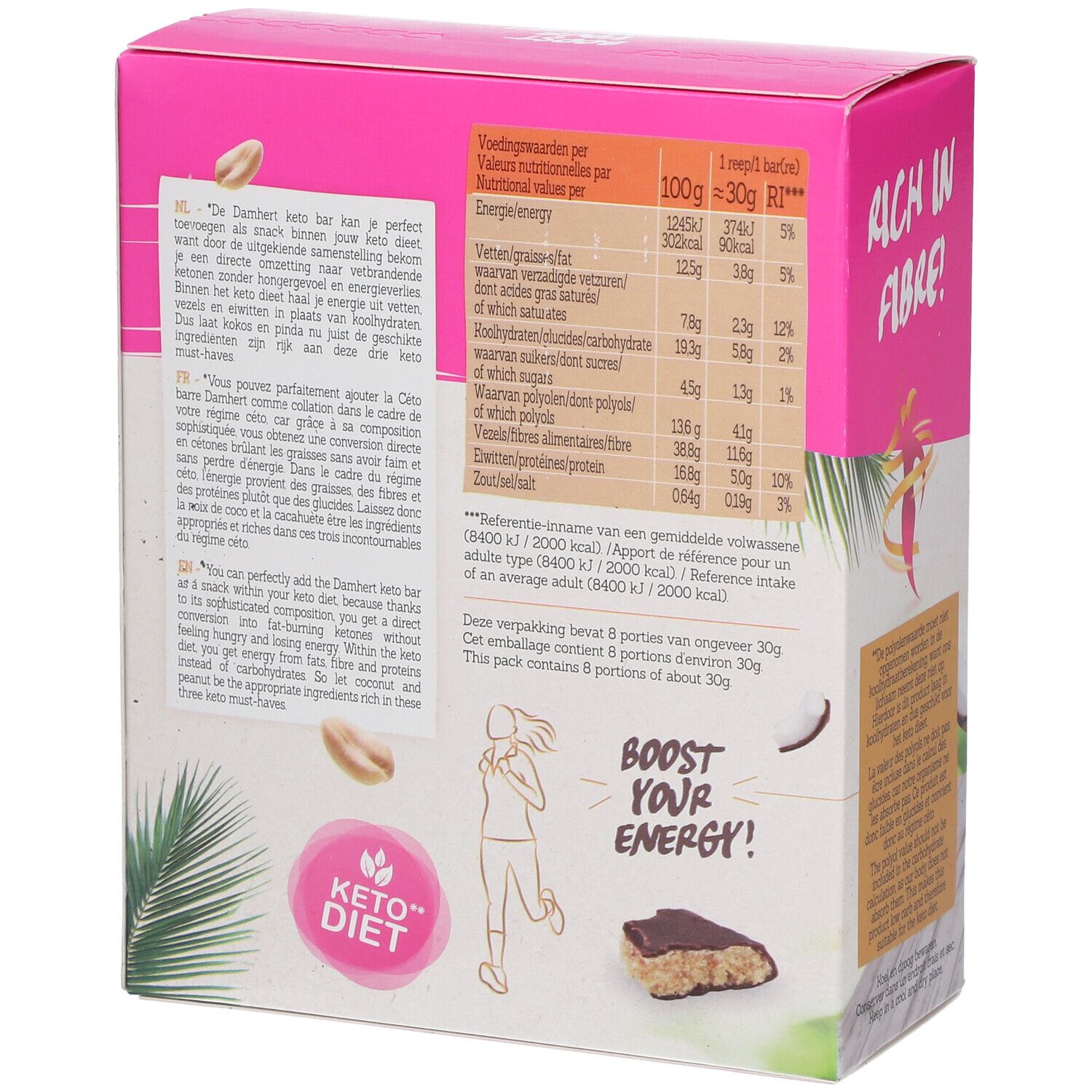 Rosa Verpackung mit Nährwertangaben und Text. Keto Bar Erdnuss/Kokosnuss. Marke Damhert Nutrition. Keto-Diät-Logo.