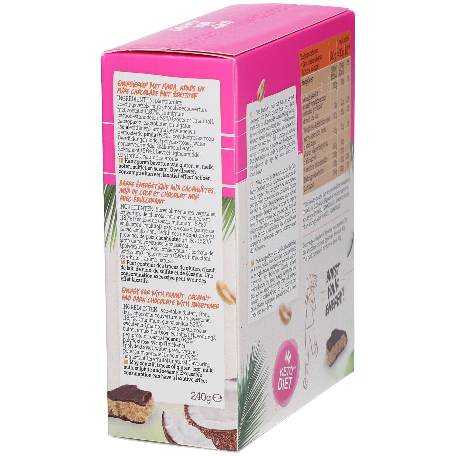 Rosa Verpackung mit Zutatenliste und Text. Keto Bar Erdnuss/Kokosnuss. Marke Damhert Nutrition. Keto-Diät-Logo.