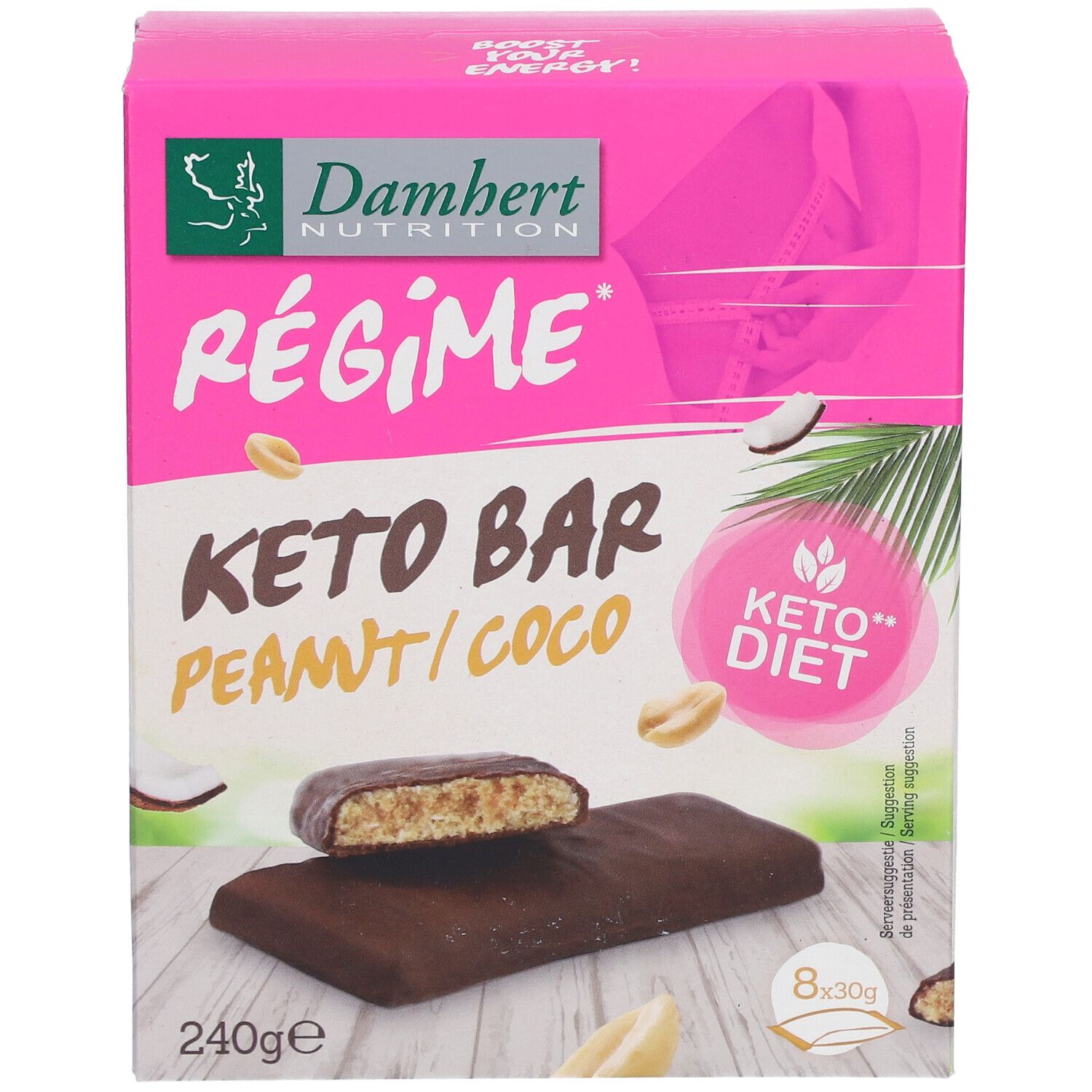 Rosa Verpackung mit Keto Bar Erdnuss/Kokosnuss. Marke Damhert Nutrition. Produktbeispiel und Keto-Diät-Logo.