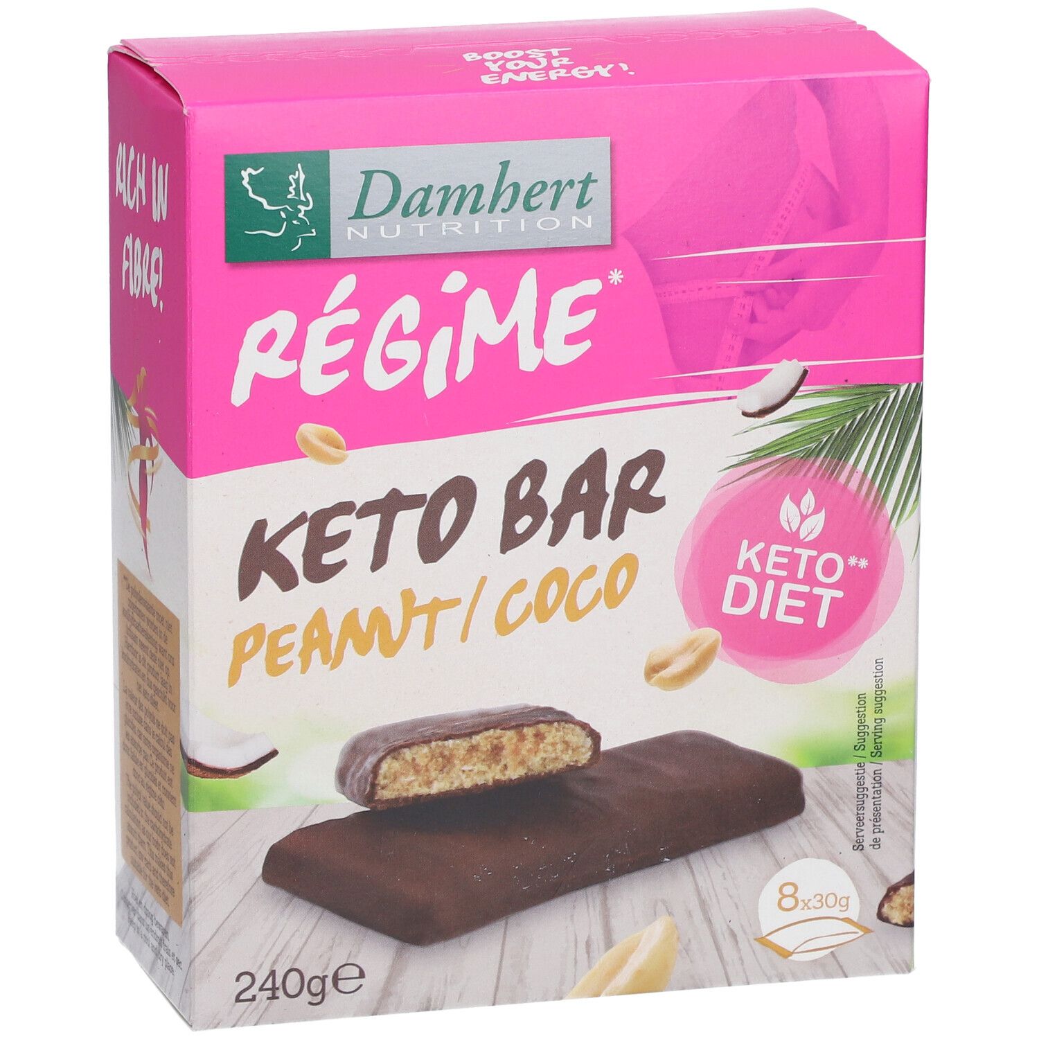Rosa Verpackung mit Keto Bar Erdnuss/Kokosnuss. Marke Damhert Nutrition. Produktbeispiel und Keto-Diät-Logo.