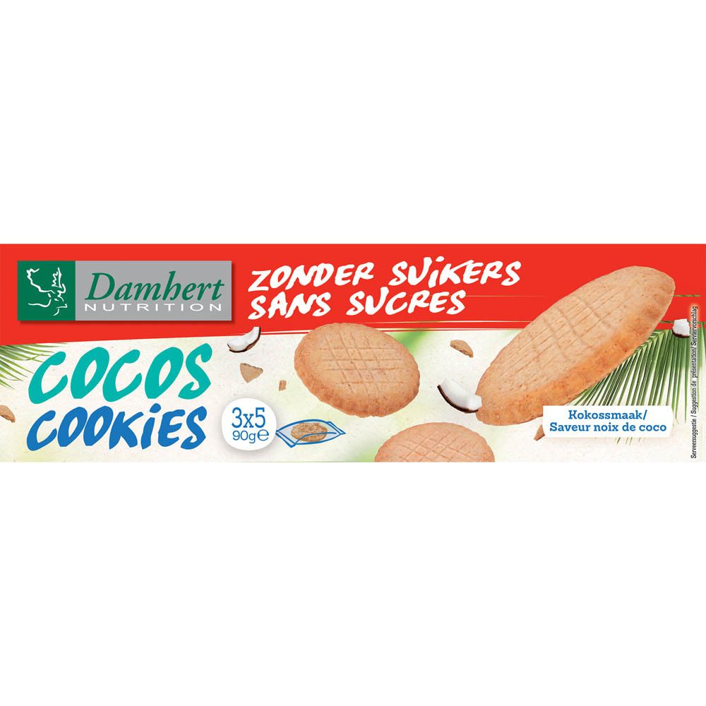 Verpackung mit Damhert Cocos Cookies ohne Zucker. Rote Schachtel mit Keksen, Kokosnuss-Illustrationen und Schriftzug.