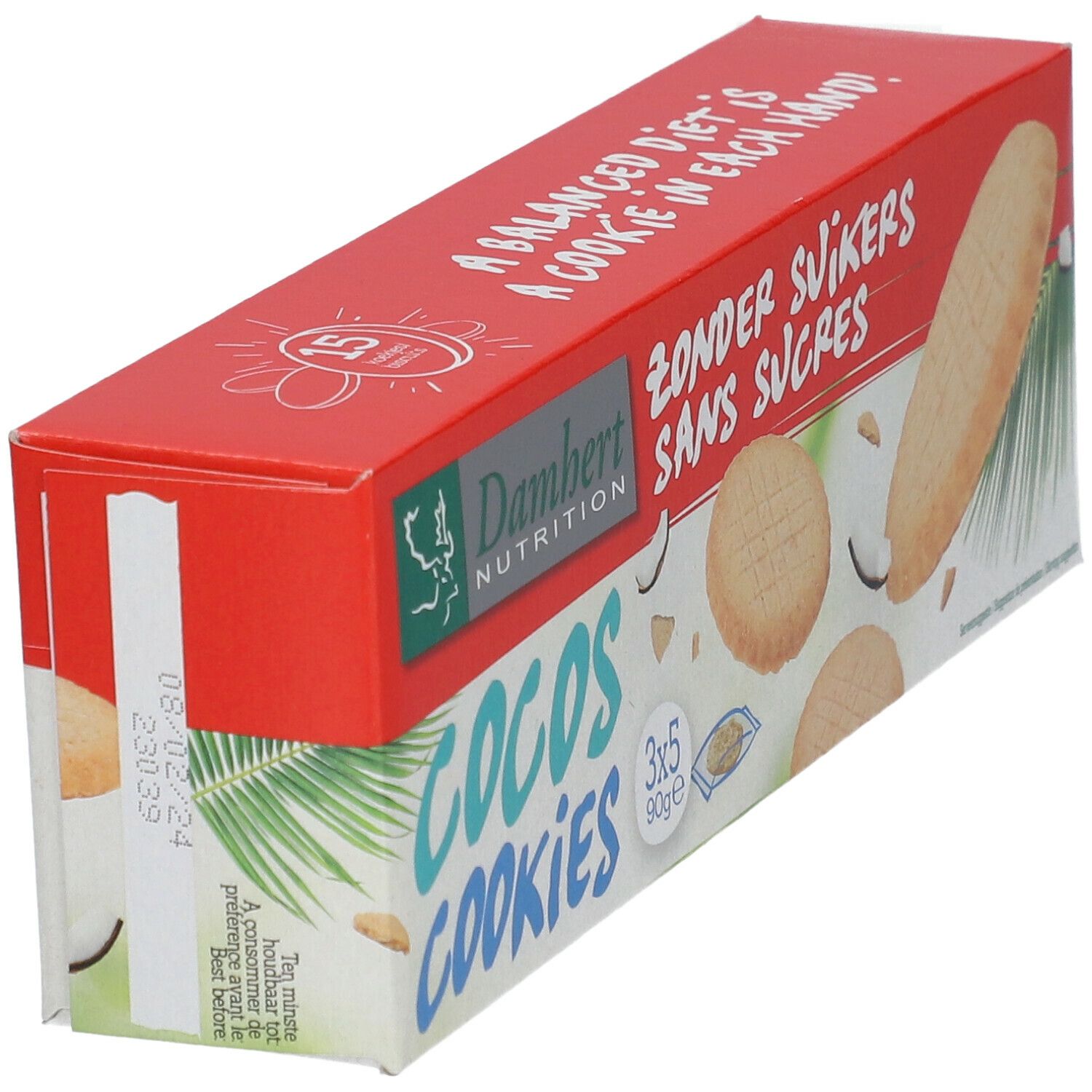 Schrägansicht der Damhert Cocos Cookies Verpackung. Rote Schachtel mit Keksen, Kokosnuss und Text.