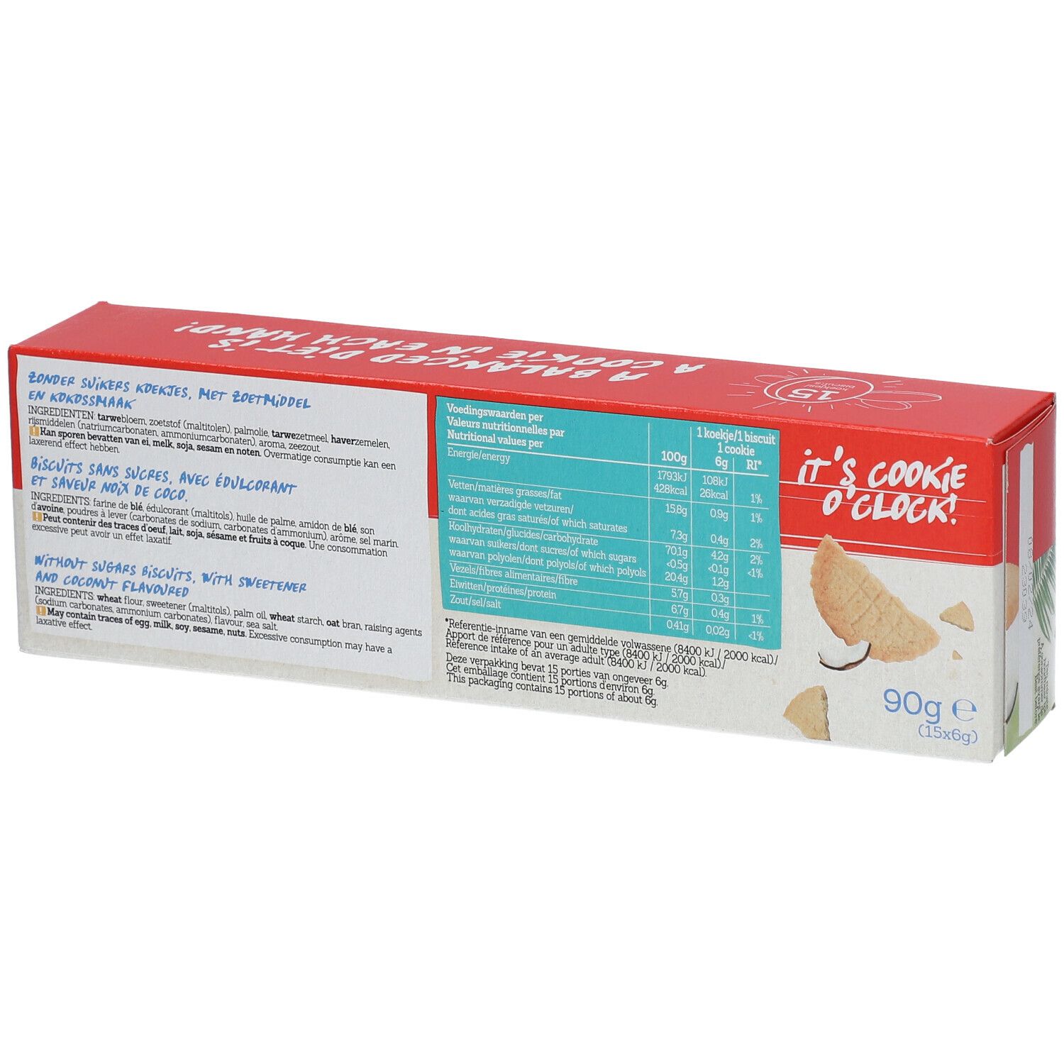 Rückseite der Damhert Cocos Cookies Verpackung. Enthält Nährwertangaben, Zutatenliste und Text in mehreren Sprachen.