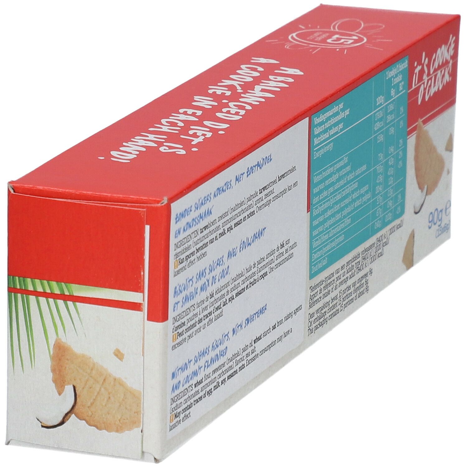 Rückseite der Damhert Cocos Cookies Verpackung. Enthält Nährwertangaben, Zutatenliste und Text in mehreren Sprachen.