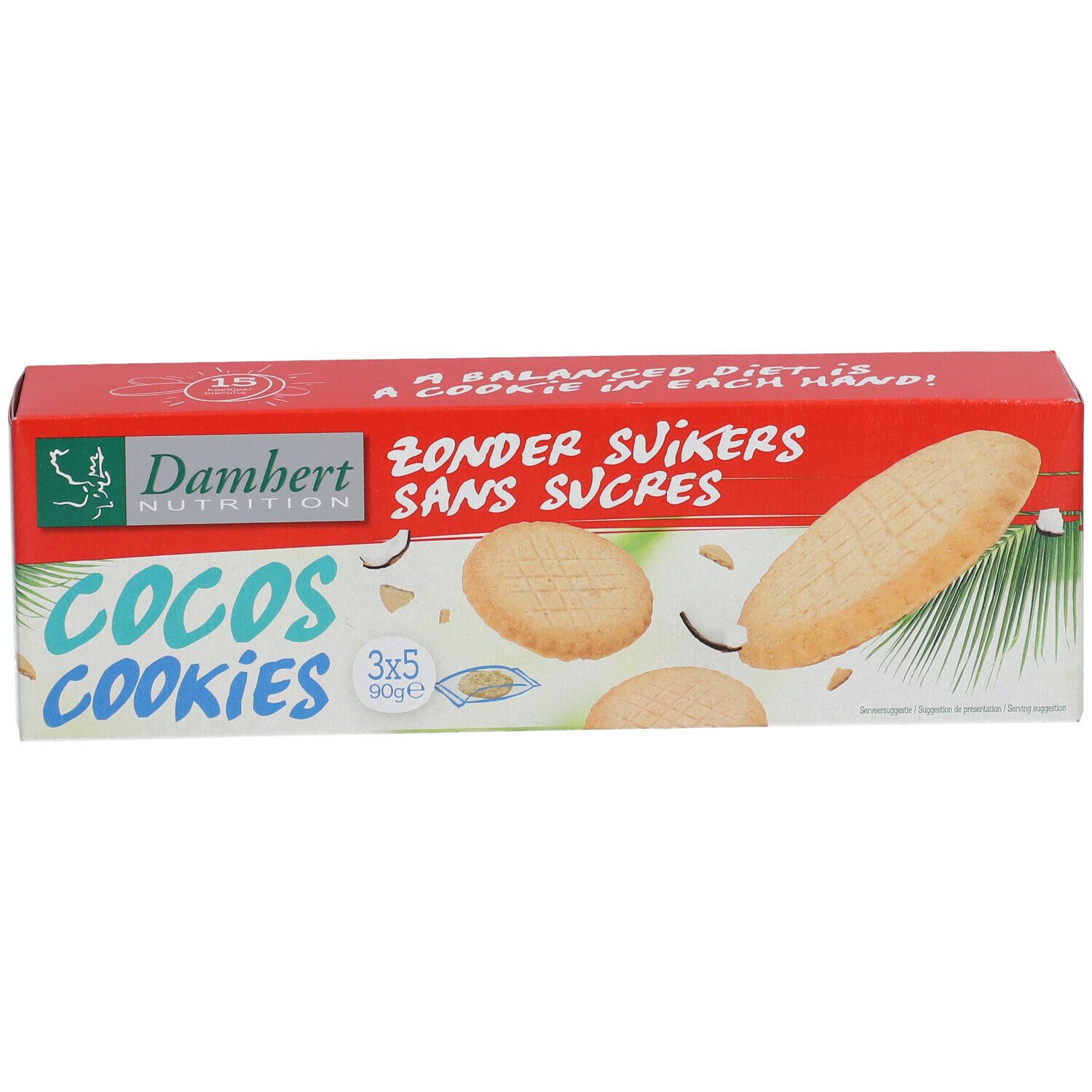 Verpackung mit Damhert Cocos Cookies ohne Zucker. Rote Schachtel mit Keksen, Kokosnuss-Illustrationen und Schriftzug.