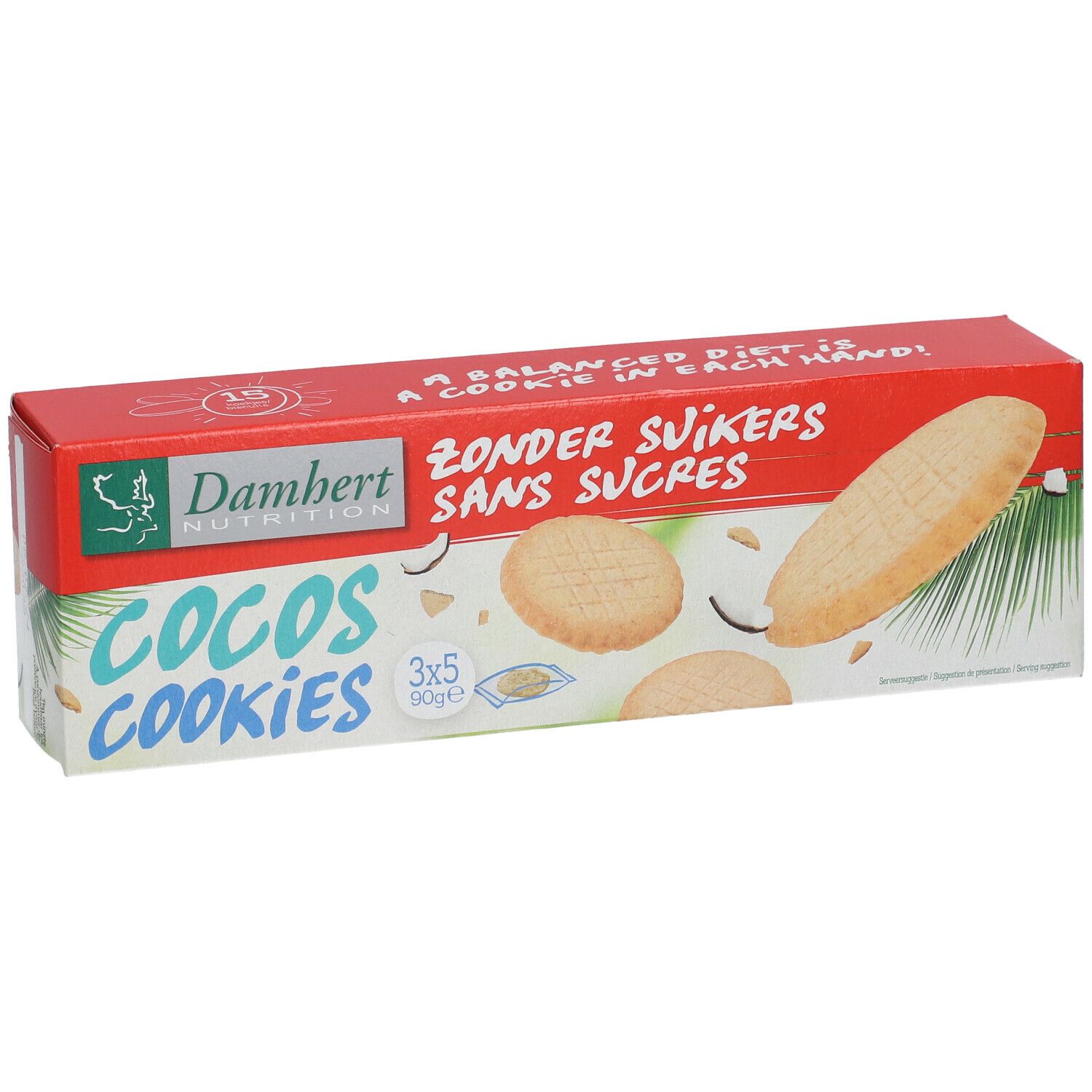 Verpackung mit Damhert Cocos Cookies ohne Zucker. Rote Schachtel mit Keksen, Kokosnuss-Illustrationen und Schriftzug.