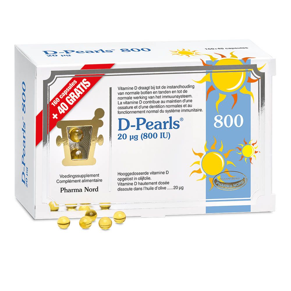Witte doos D-Pearls 800. Venster met capsules. Tekst: 160+40 gratis. Pharma Nord.