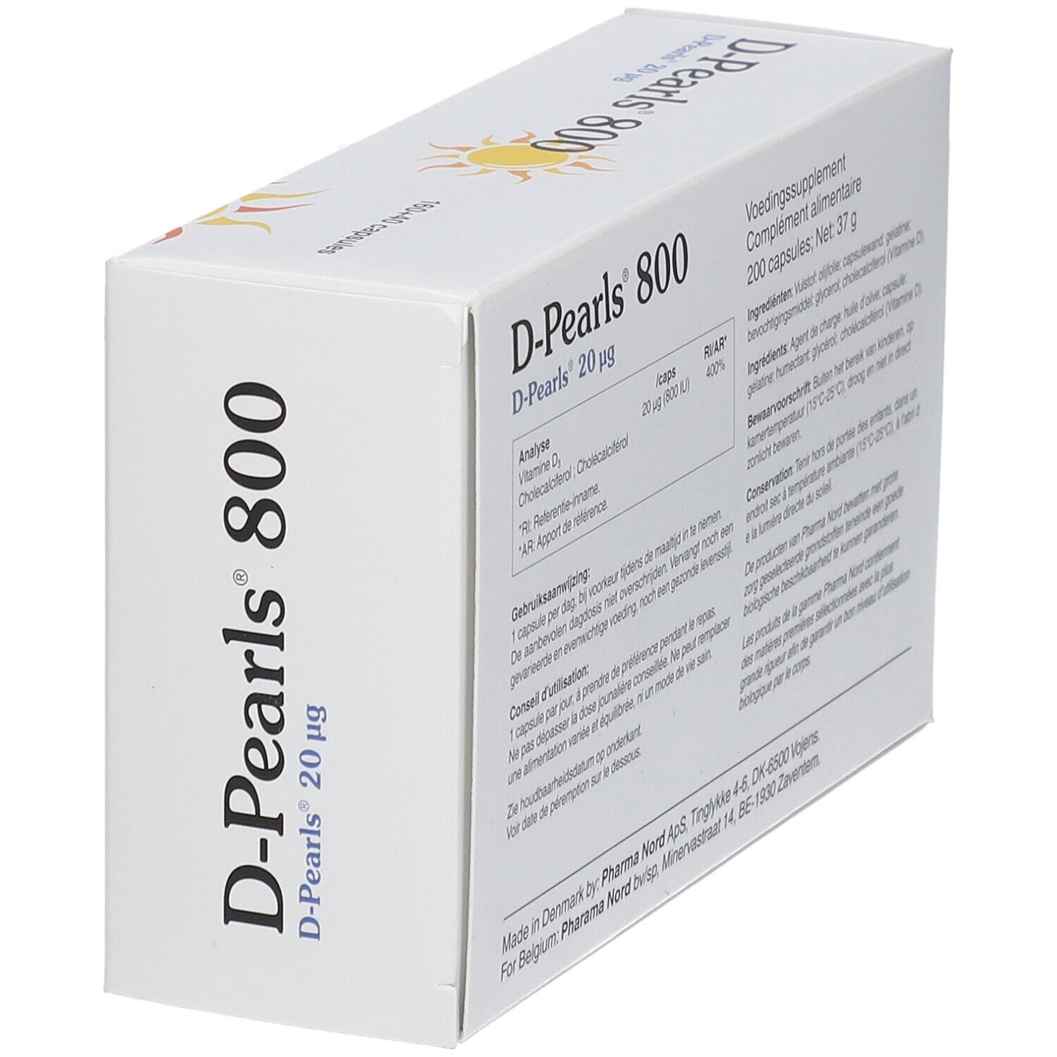 Schuine witte doos D-Pearls 800. Tekst: 200 capsules. Analyse, ingrediënten.