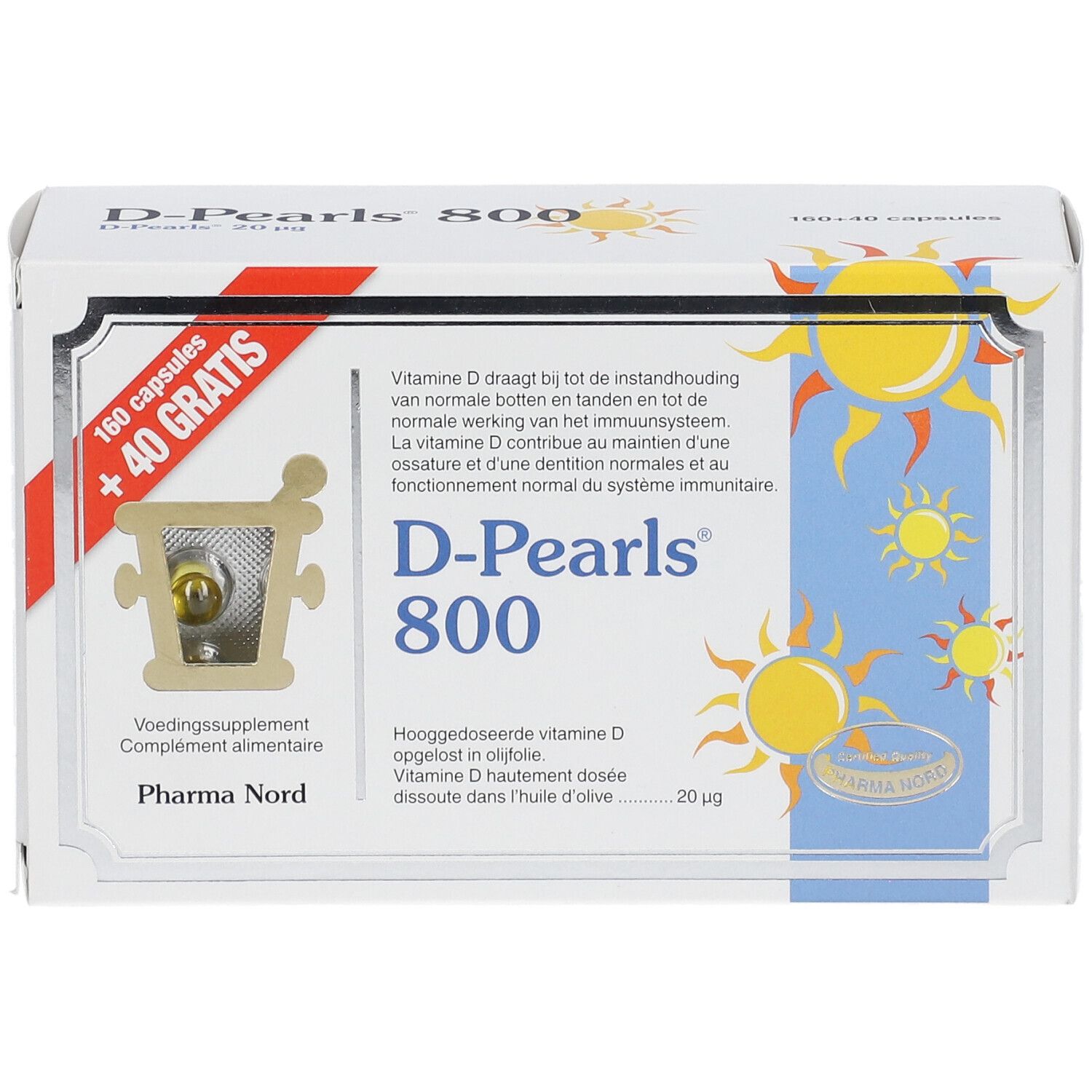 Witte doos D-Pearls 800. Venster met capsule. Tekst: 160+40 gratis. Pharma Nord.
