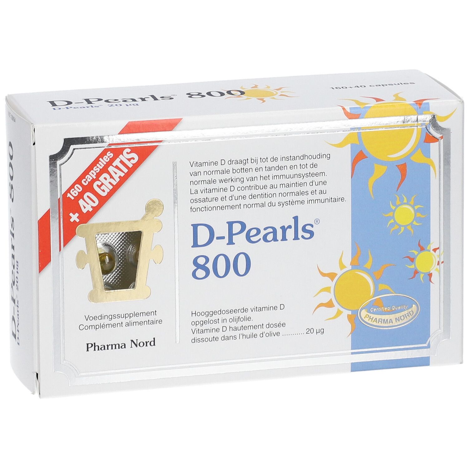 Witte doos D-Pearls 800. Venster met capsule. Tekst: 160+40 gratis. Pharma Nord.