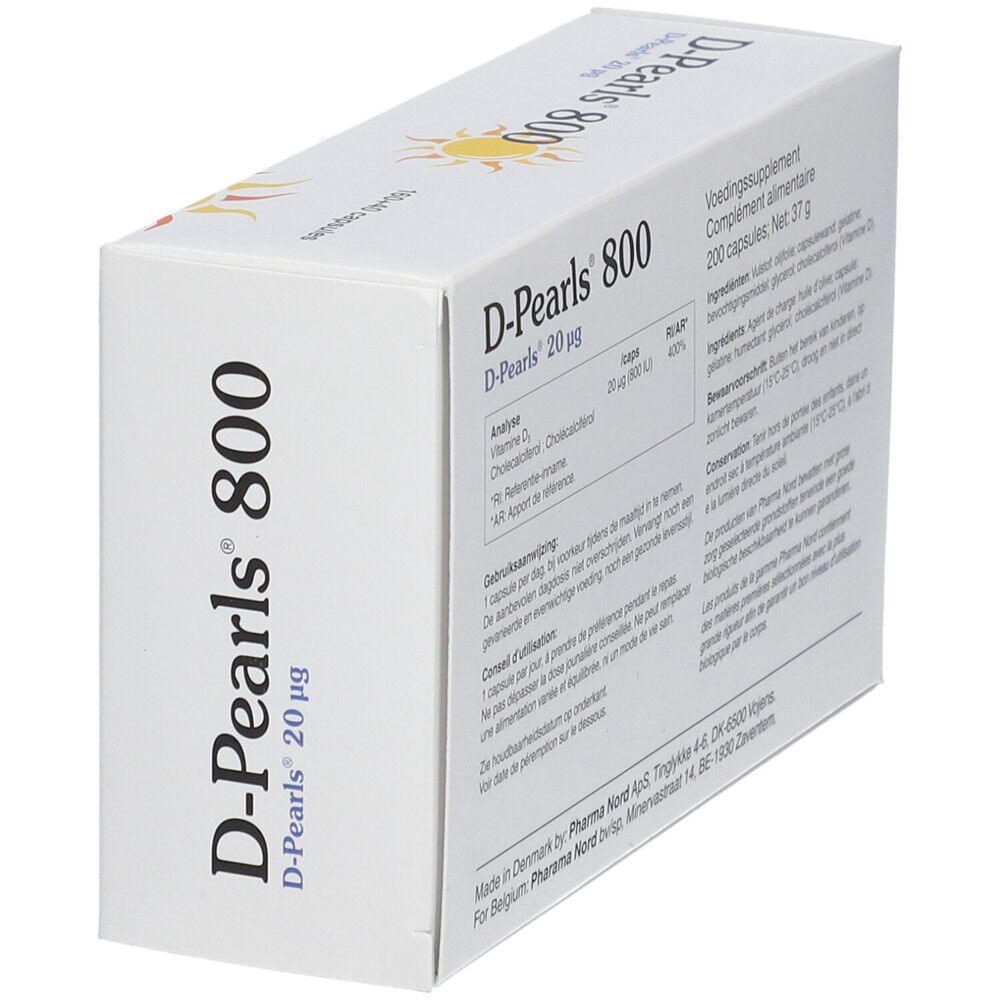 Witte doos D-Pearls 800. Tekst: 200 capsules. Analyse, ingrediënten, gebruiksaanwijzing.