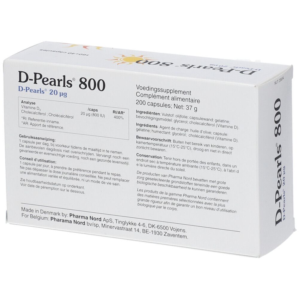 Witte doos D-Pearls 800. Tekst: 200 capsules. Analyse, ingrediënten, gebruiksaanwijzing.