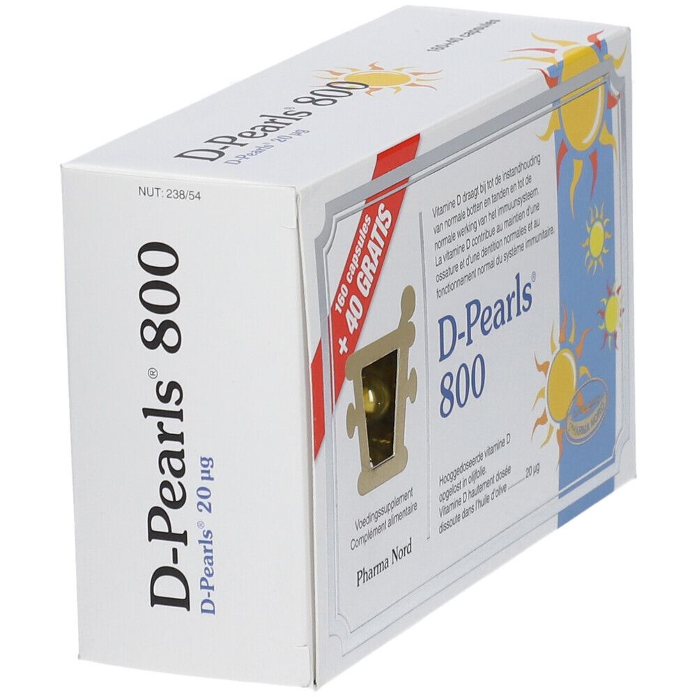 Schuine witte doos D-Pearls 800. Venster met capsule. Tekst: 160+40 gratis.