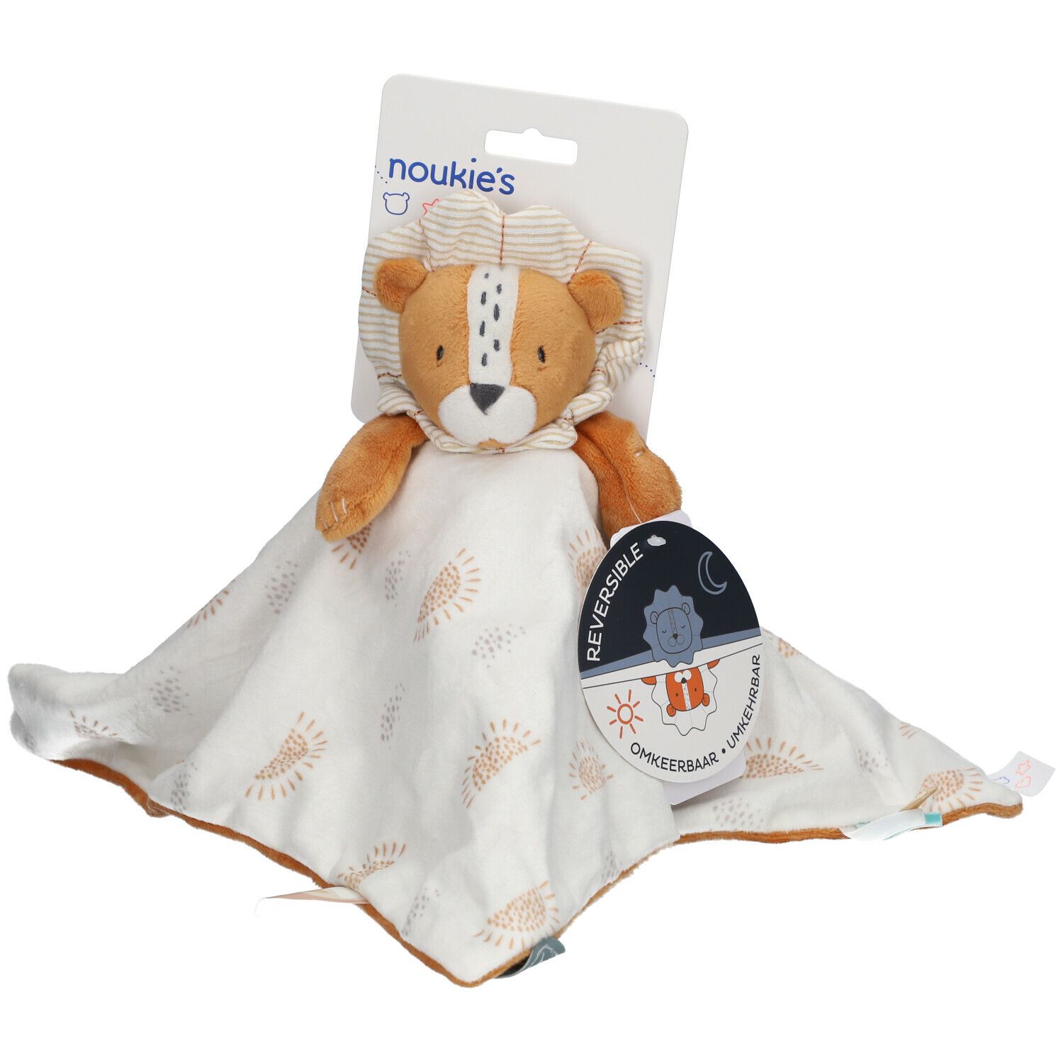 Doudou réversible avec tête de lion. Tissu beige à motifs soleil. Marque : Noukie's.