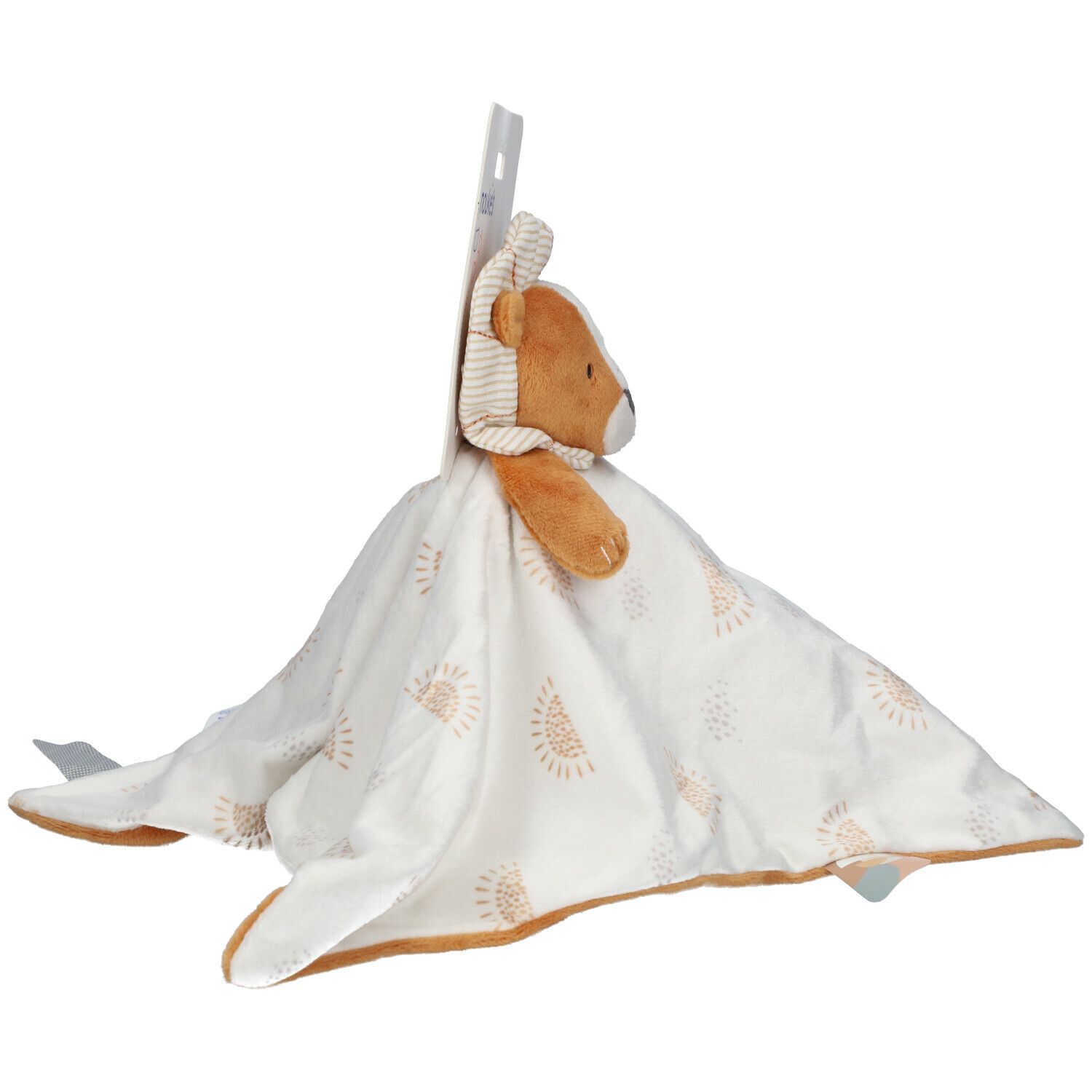 Doudou avec tête de lion, vue de côté. Tissu beige à motifs soleil. Marque : Noukie's.